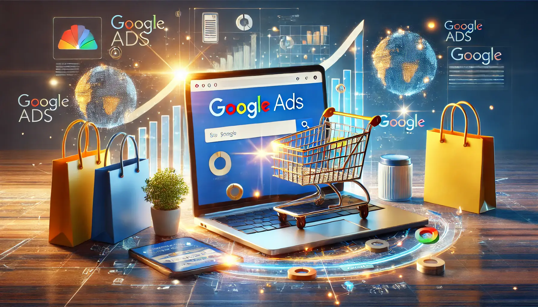 A dynamic scene showcasing Google Ads in e-commerce, featuring a laptop with the Google Ads interface surrounded by shopping bags, product images, and a glowing shopping cart icon in a professional workspace.