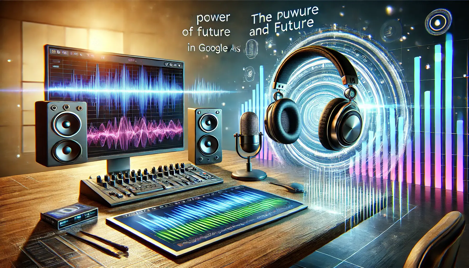 A digital illustration of a futuristic digital workspace showing the creation and optimization of audio-only ads using Google Ads tools, with elements like headphones, soundwaves, and performance analytics.