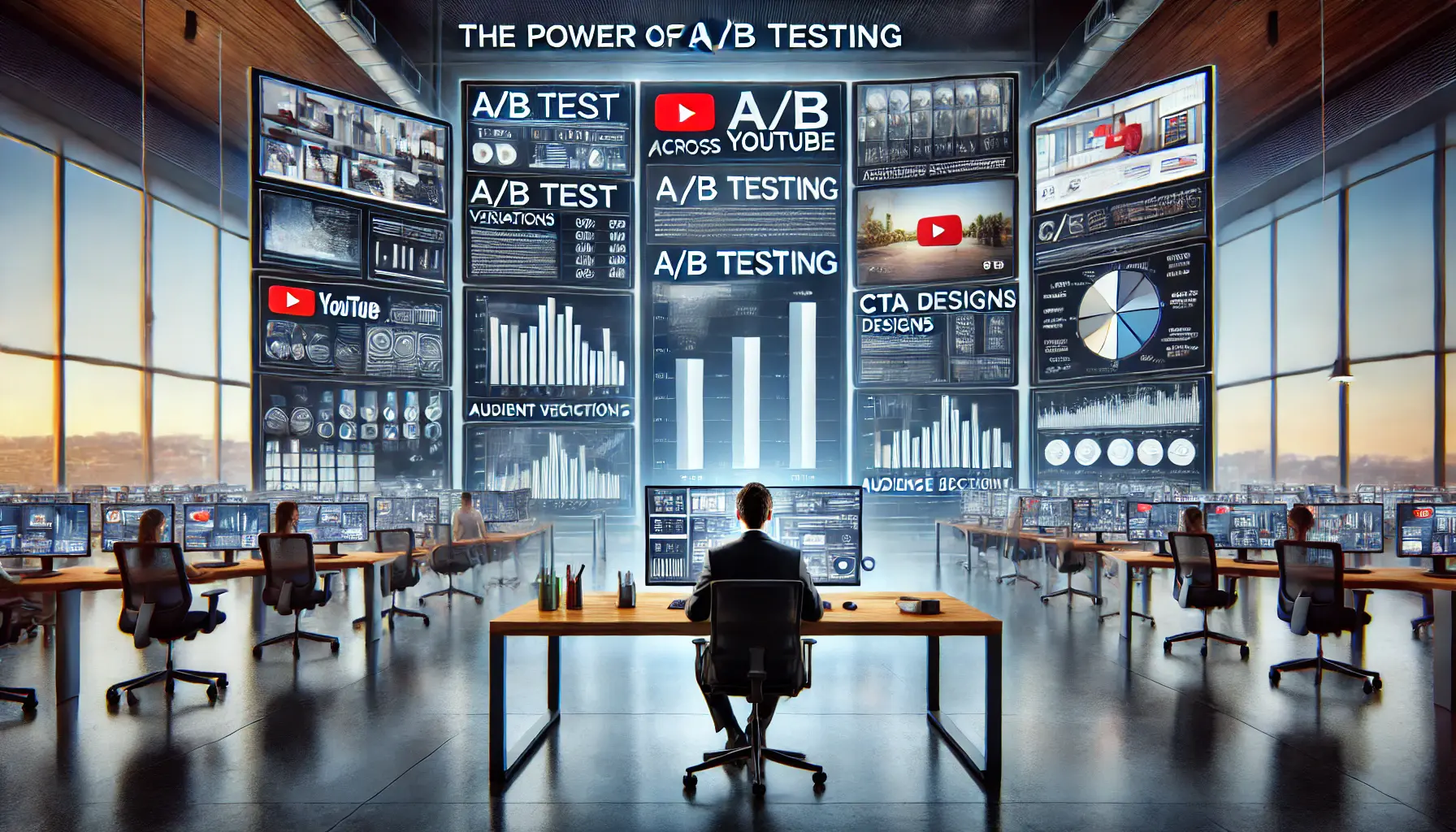 A visual representation of the power of A/B testing across YouTube ad campaigns, showing multiple test results, video variations, and CTA designs.