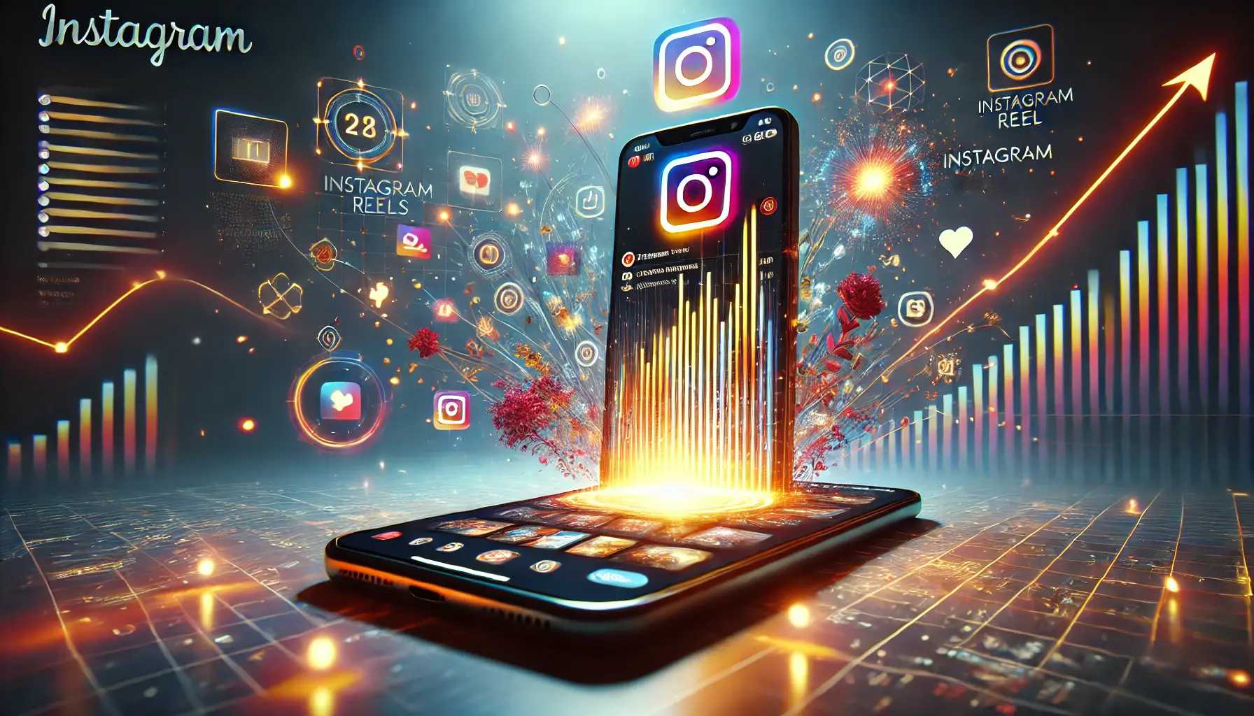 An image showing a smartphone displaying a high-quality Instagram Reel with dynamic visuals, surrounded by glowing engagement icons and upward trends.