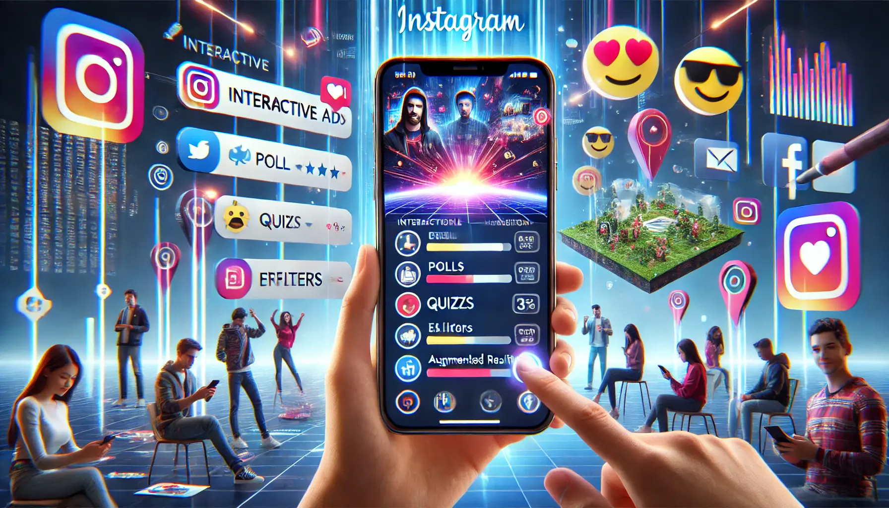 A digital marketing concept showcasing interactive Instagram ads with components like polls, quizzes, emoji sliders, and AR filters, with users actively engaging.