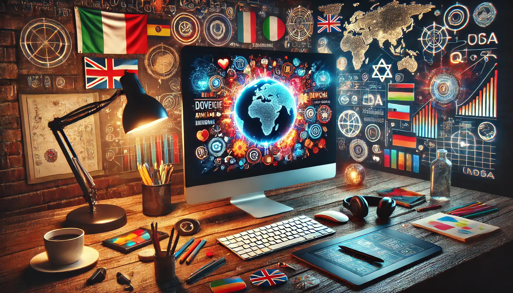 Workspace with a computer displaying a vibrant multilingual ad campaign surrounded by global icons and tools.