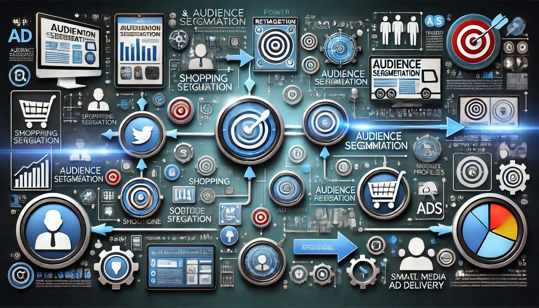 A flowchart of user data, audience segments, and icons representing retargeting efforts across multiple devices.