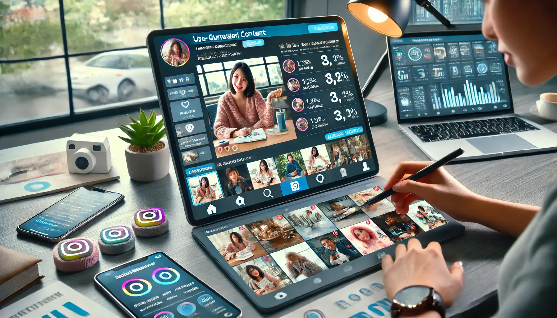 A digital marketer browsing Instagram business profile, viewing user-generated content like customer photos and testimonials with engagement metrics displayed.