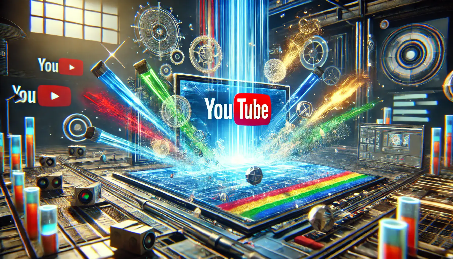 A dynamic scene of a YouTube ad in production, with vibrant visual effects such as motion graphics, 3D elements, and kinetic typography.