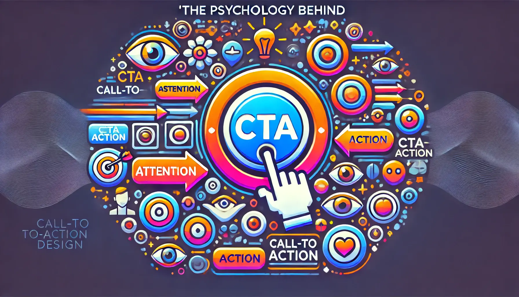 An image showcasing a vibrant call-to-action button with bright colors and directional arrows, surrounded by abstract patterns and icons symbolizing attention and emotional engagement.