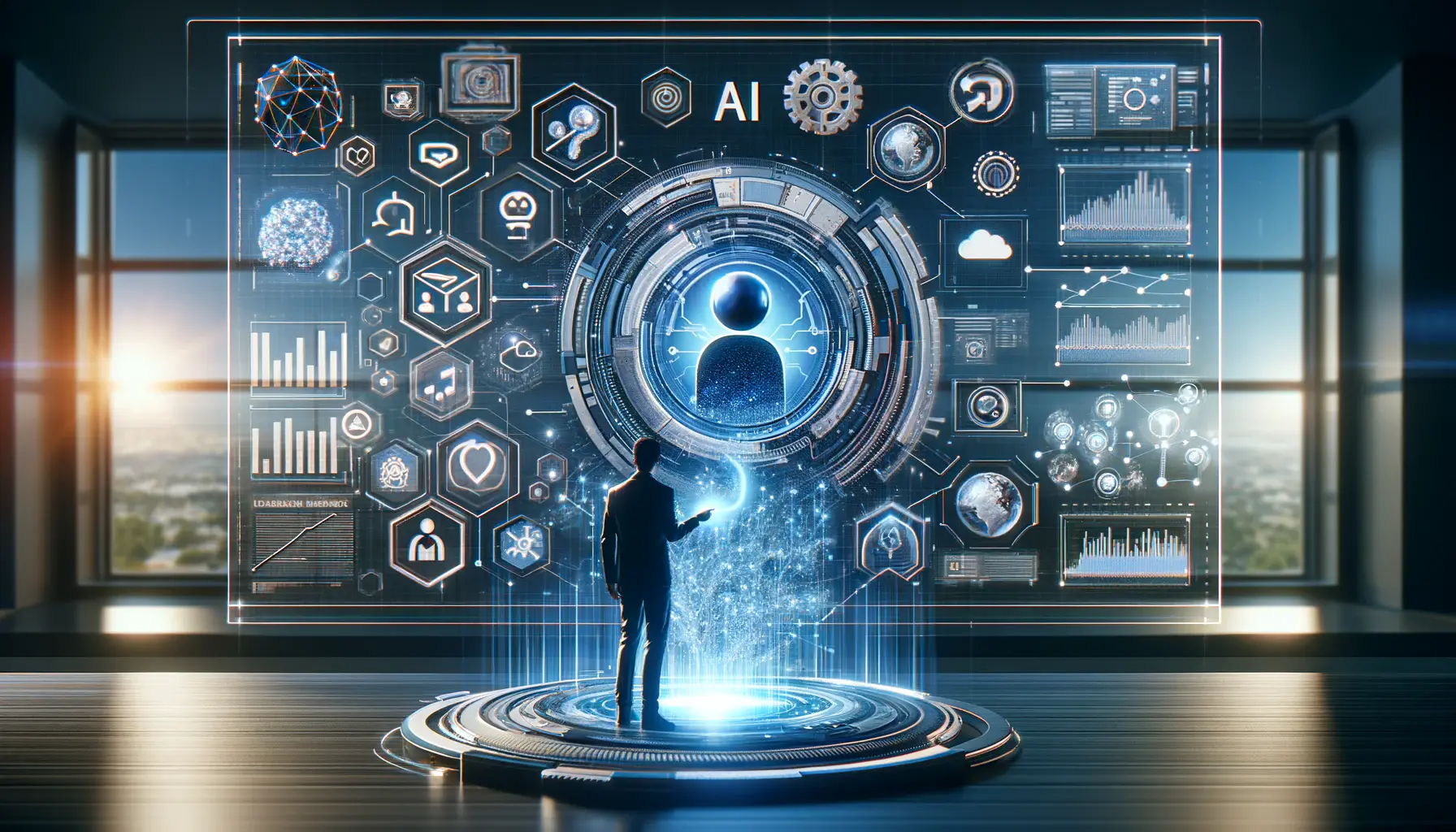 Illustration of a digital workspace with a person interacting with a holographic display showing AI-powered social media ad analytics and automated content generation tools, surrounded by AI and machine learning symbols.