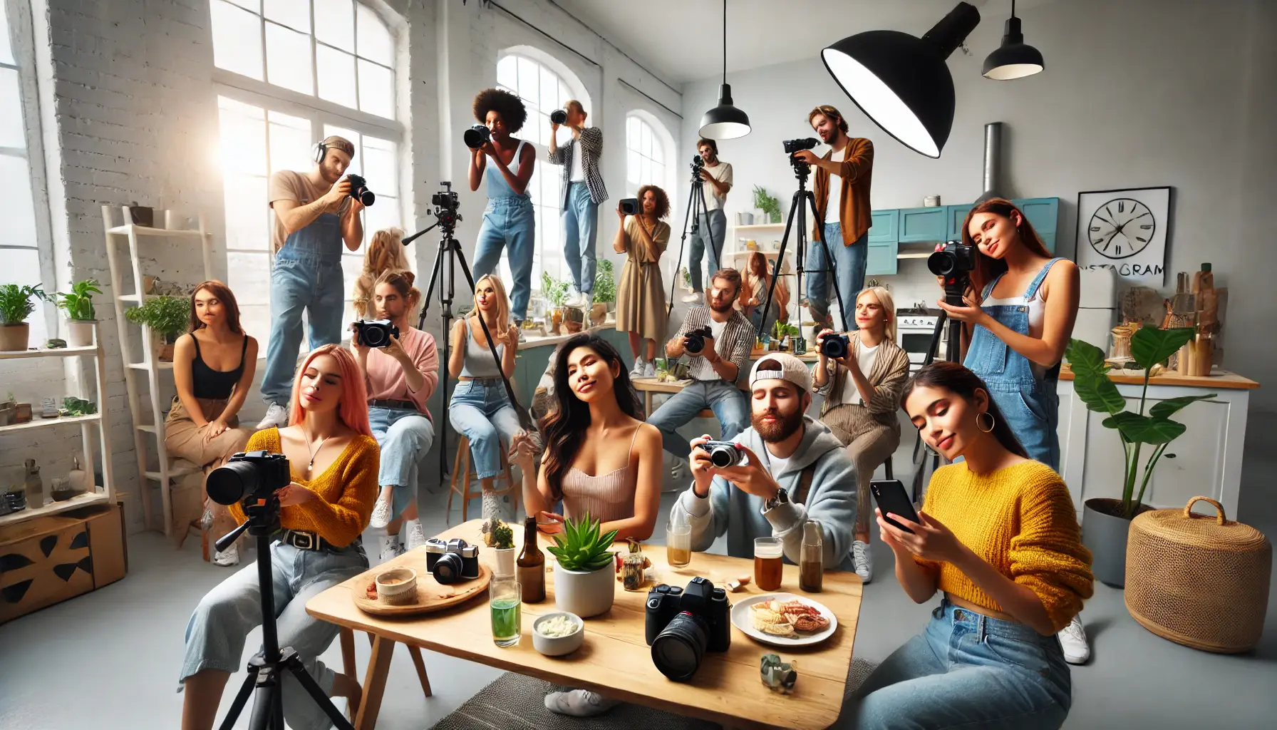 A diverse group of micro-influencers creating content for Instagram ads in a bright and modern studio setting.