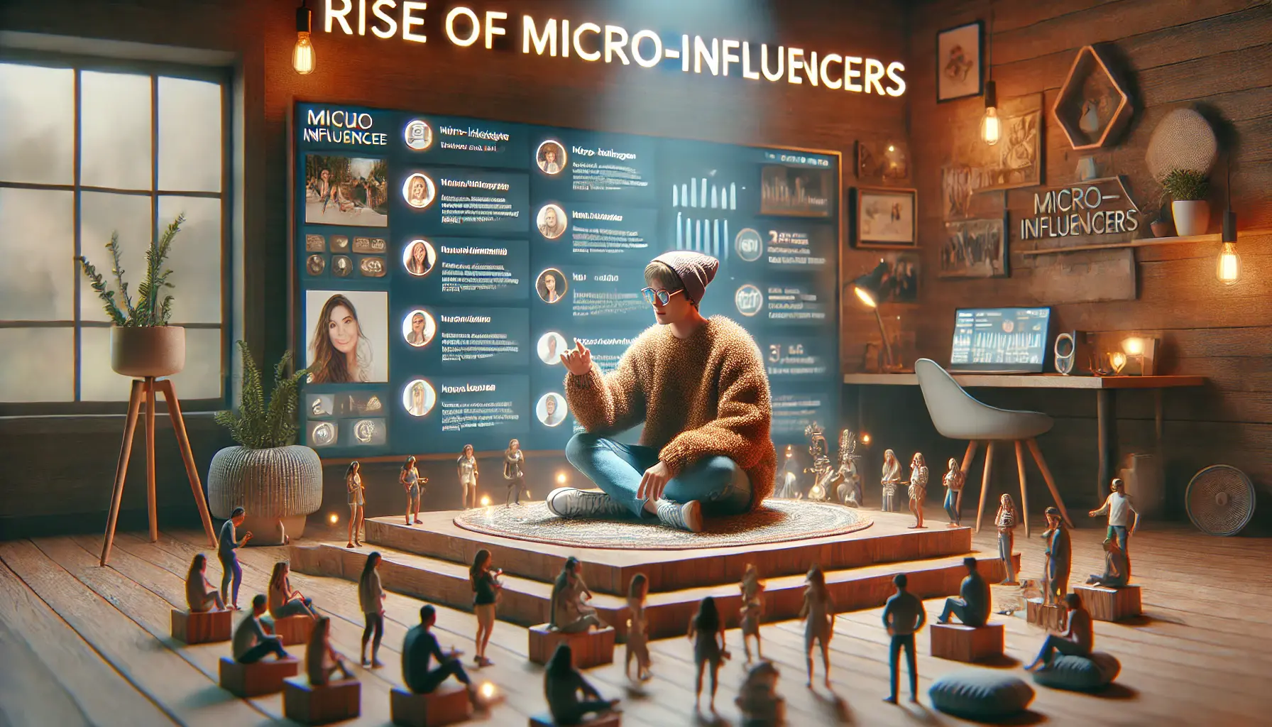 A micro-influencer engaging with a small, engaged audience in a cozy, personalized setting, highlighting their impact on targeted advertising.