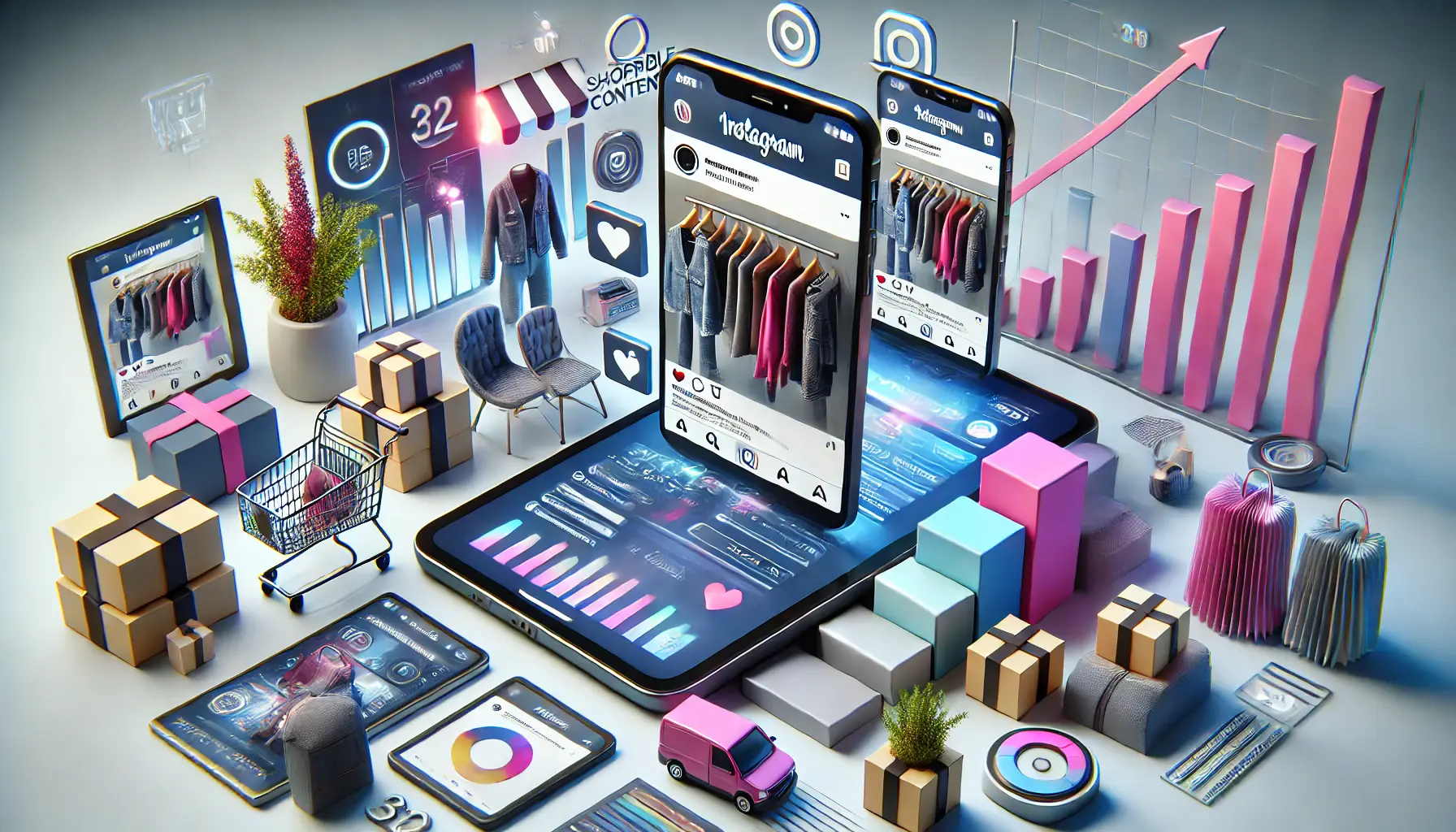 A smartphone and tablet displaying Instagram posts with shopping tags surrounded by e-commerce growth elements like shopping carts and analytics graphs.