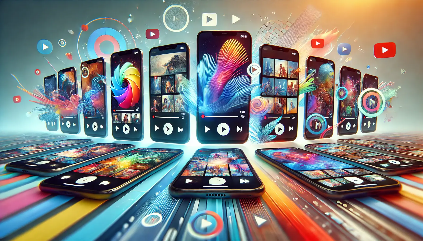 An engaging image showing smartphones displaying vibrant, dynamic short video thumbnails in a grid layout with modern digital design elements.