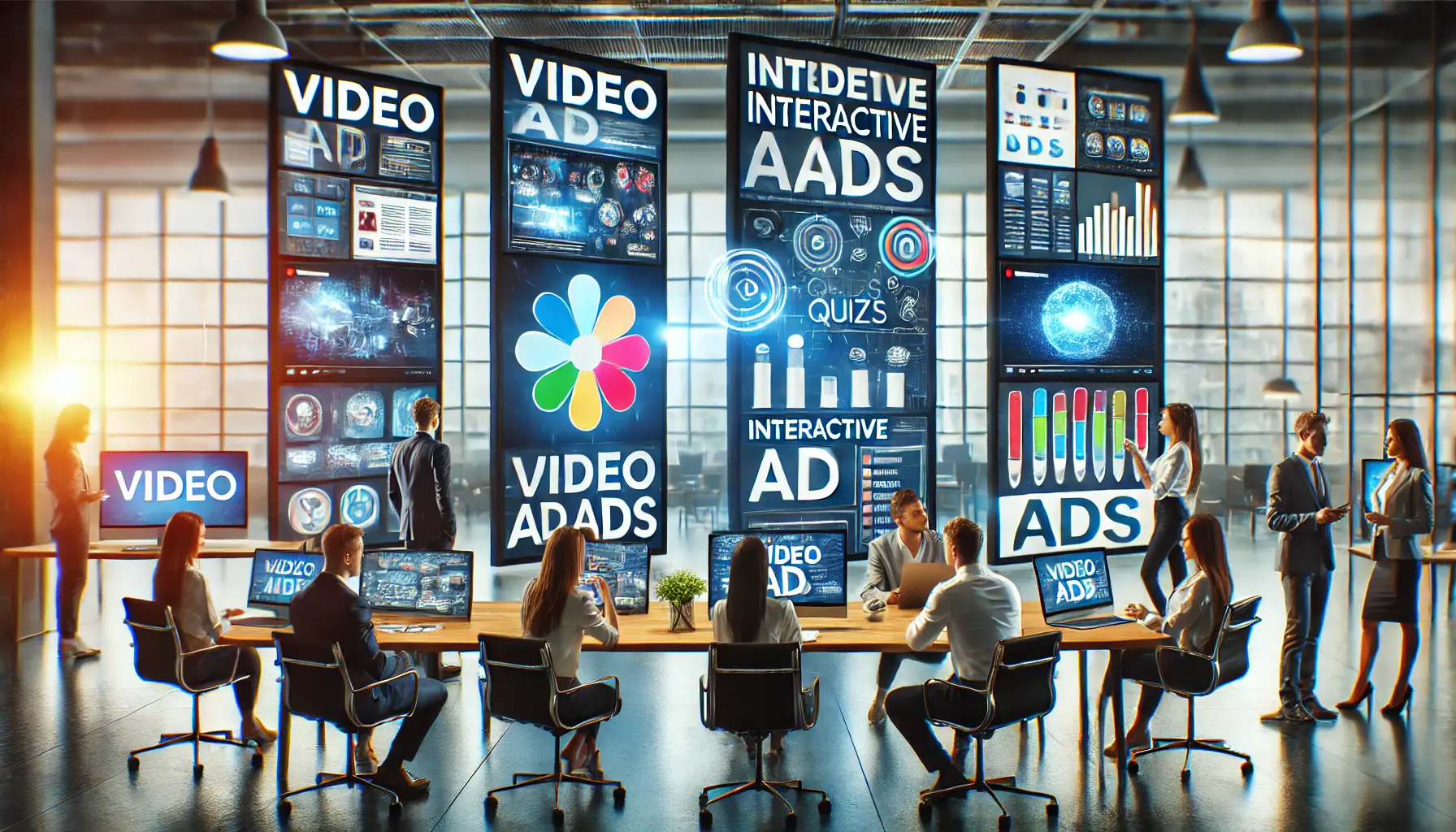 A team analyzing video and interactive ads in a modern office environment.