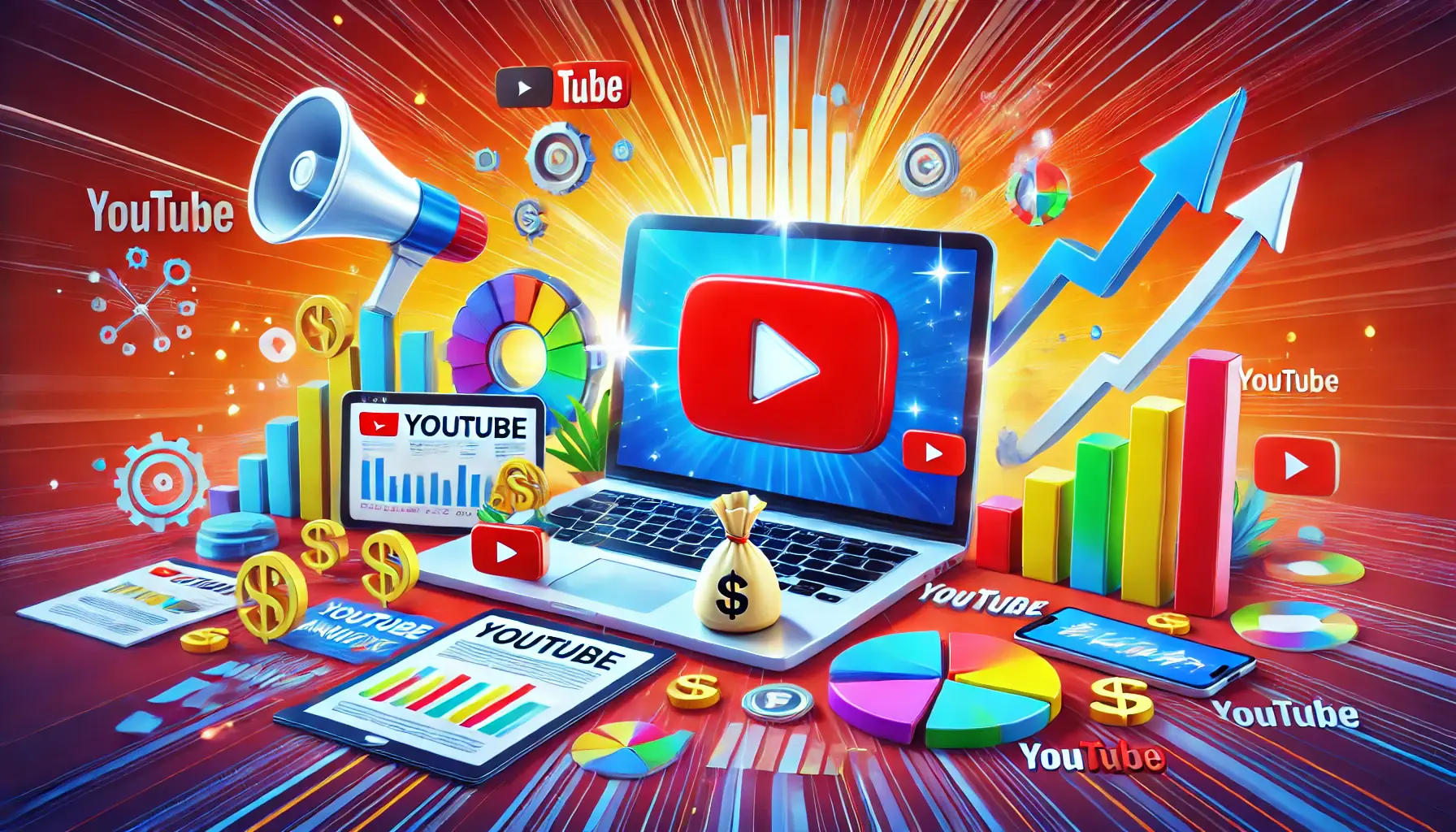 An illustration depicting the growth of YouTube as a marketing platform, featuring a YouTube play button, analytics charts on a laptop and smartphone, and marketing icons like a megaphone and upward arrows.