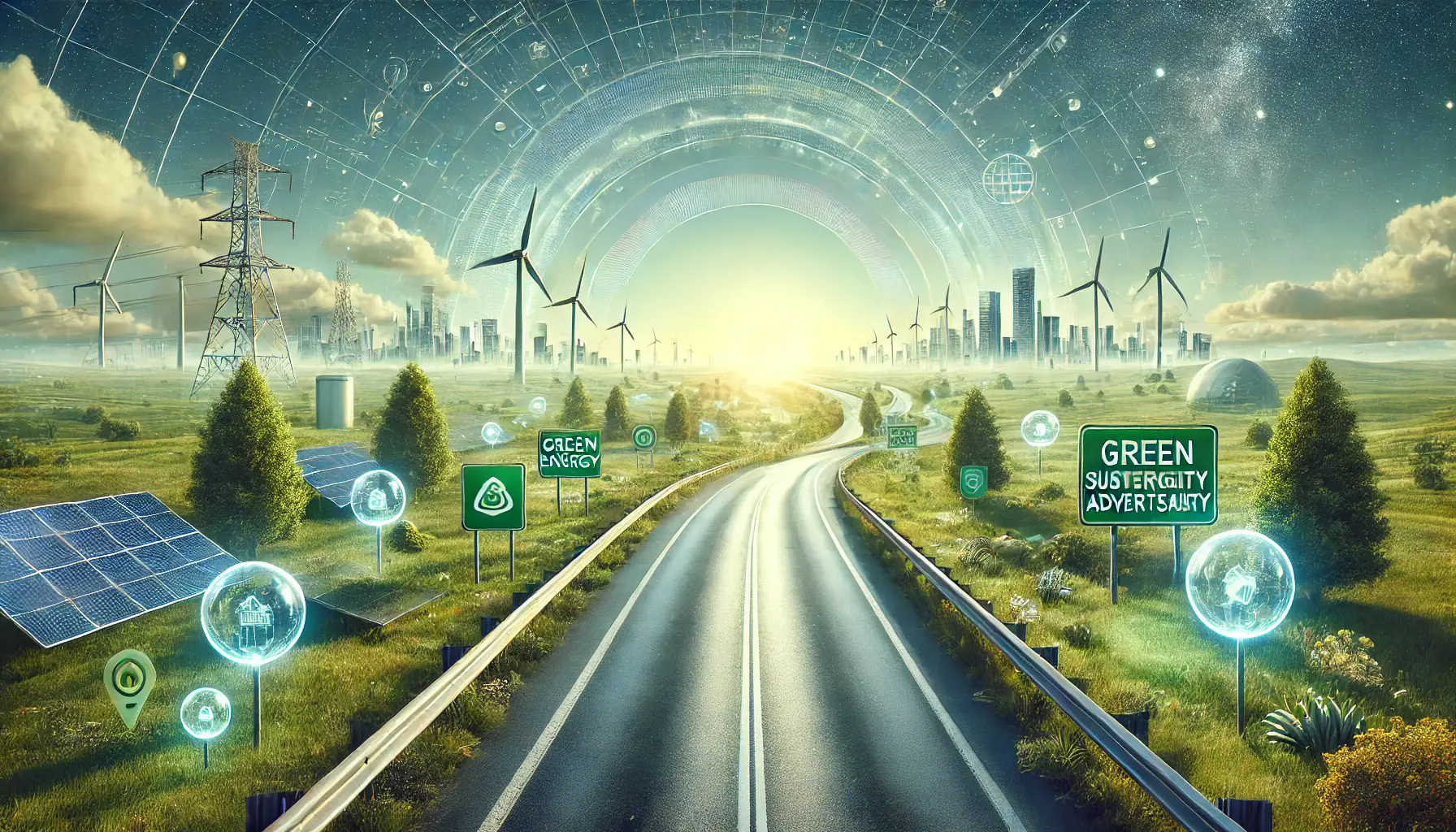 A futuristic open road with a clear horizon, surrounded by green energy sources like solar panels and wind turbines, symbolizing progress toward sustainability.