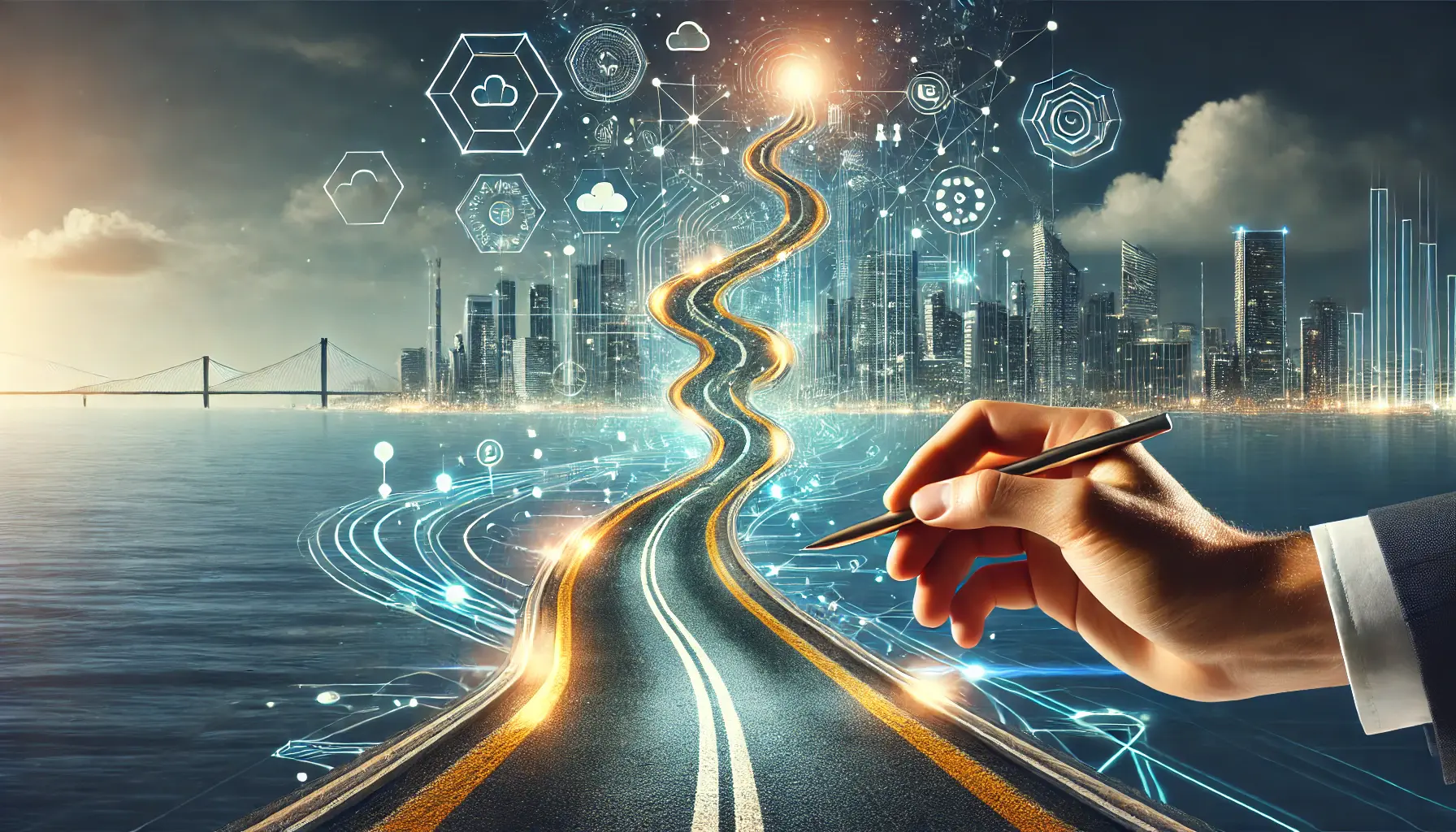 A professional representation of 'The Road Ahead' in digital advertising, featuring a symbolic pathway leading into the future with elements of digital networks and innovation.