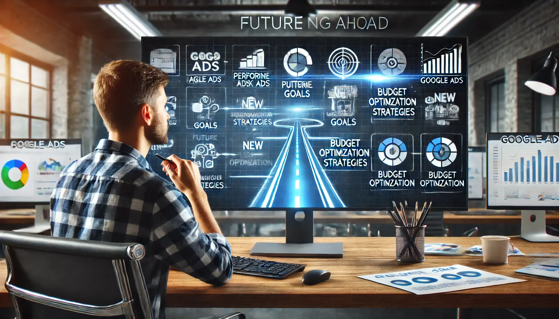 A digital marketing professional reviewing a roadmap of strategic goals for future Google Ads campaigns, with a modern office setting and multiple monitors displaying performance goals and data.