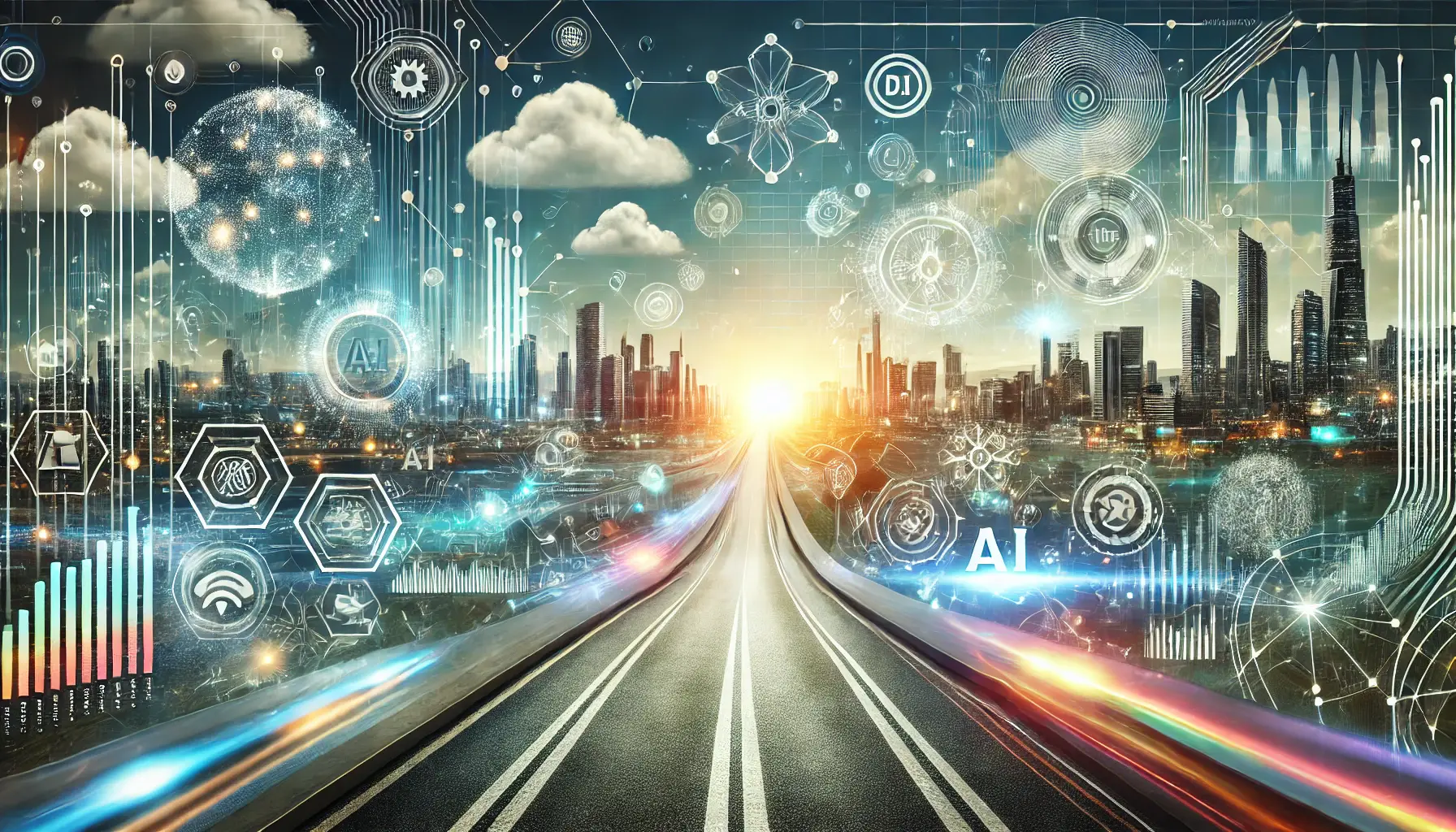 Illustration symbolizing 'The Road Ahead' with a futuristic road, glowing data streams, and abstract elements representing AI and technological progress.