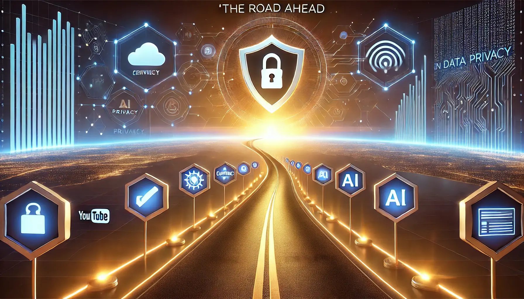 A glowing, futuristic road stretching towards a horizon with a glowing privacy shield, surrounded by icons like compliance checkmarks and data streams, symbolizing progress in data privacy.