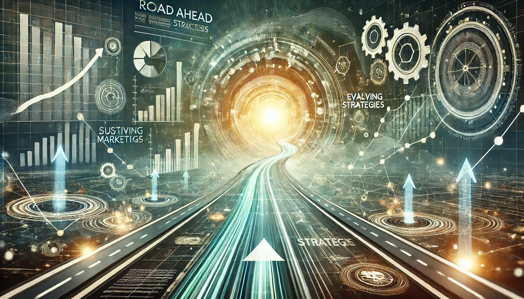 A digital roadmap with arrows and data flows symbolizing evolving marketing strategies for sustained success.