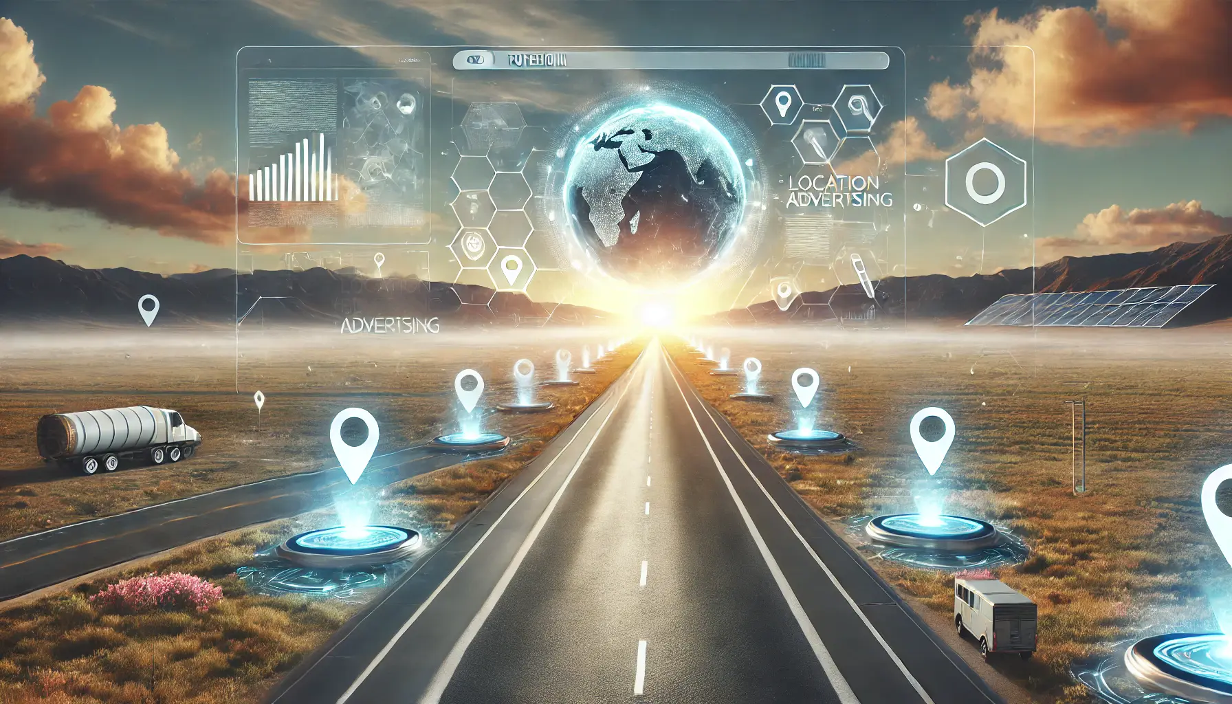 A futuristic road stretching into the horizon with a digital map interface and devices displaying data and analytics, symbolizing progress in location-based advertising.