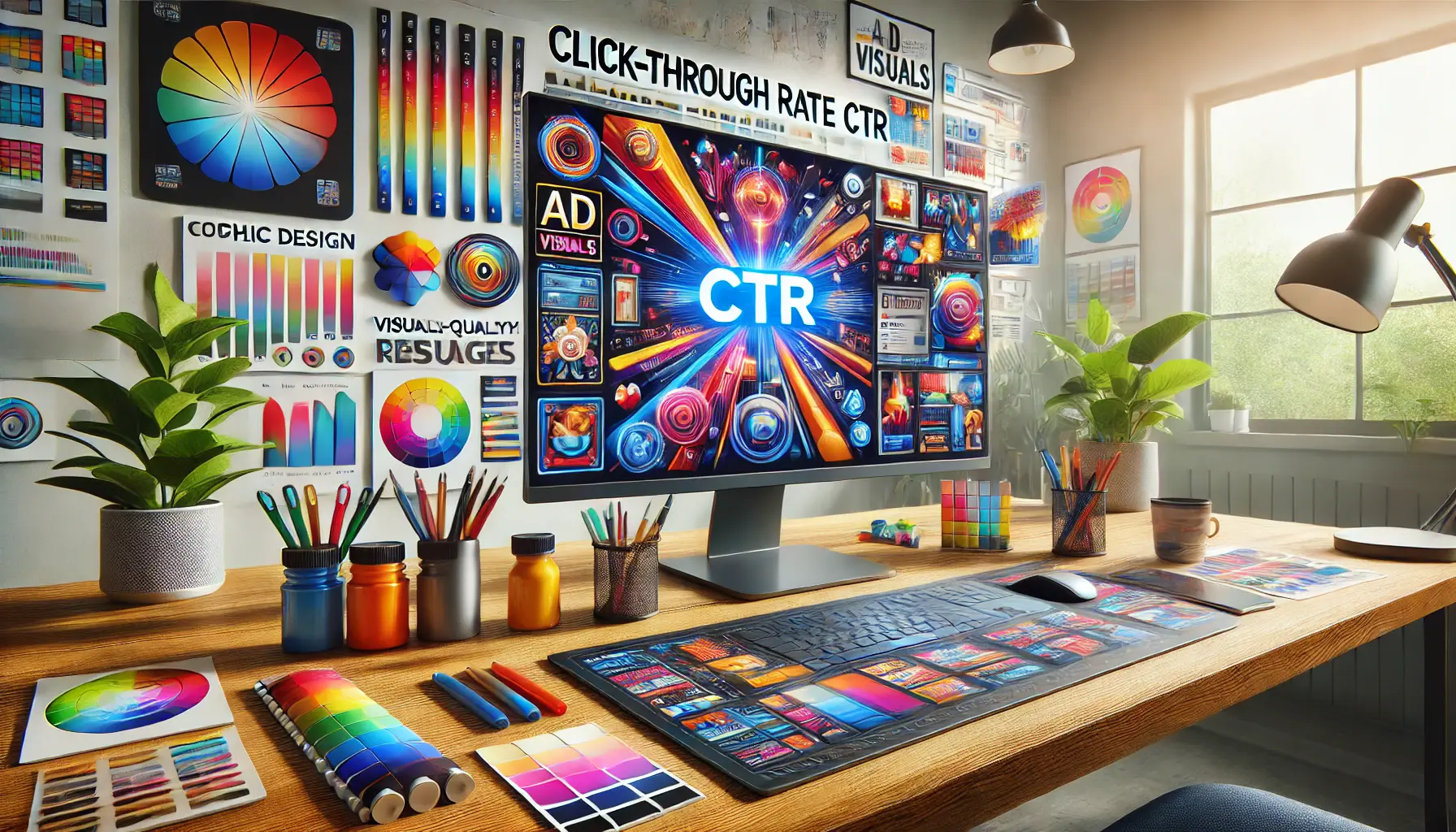 A digital workspace with visually appealing ad designs on screen, highlighting the impact of visuals on Click-Through Rate (CTR)