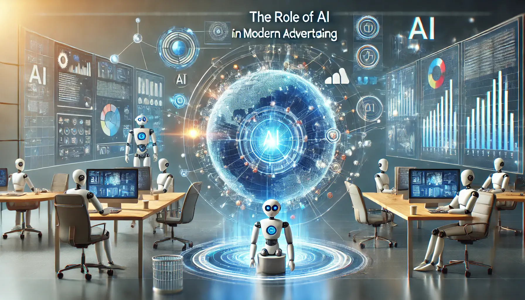 A futuristic workspace depicting AI's role in modern advertising with holographic data screens and campaign analysis.