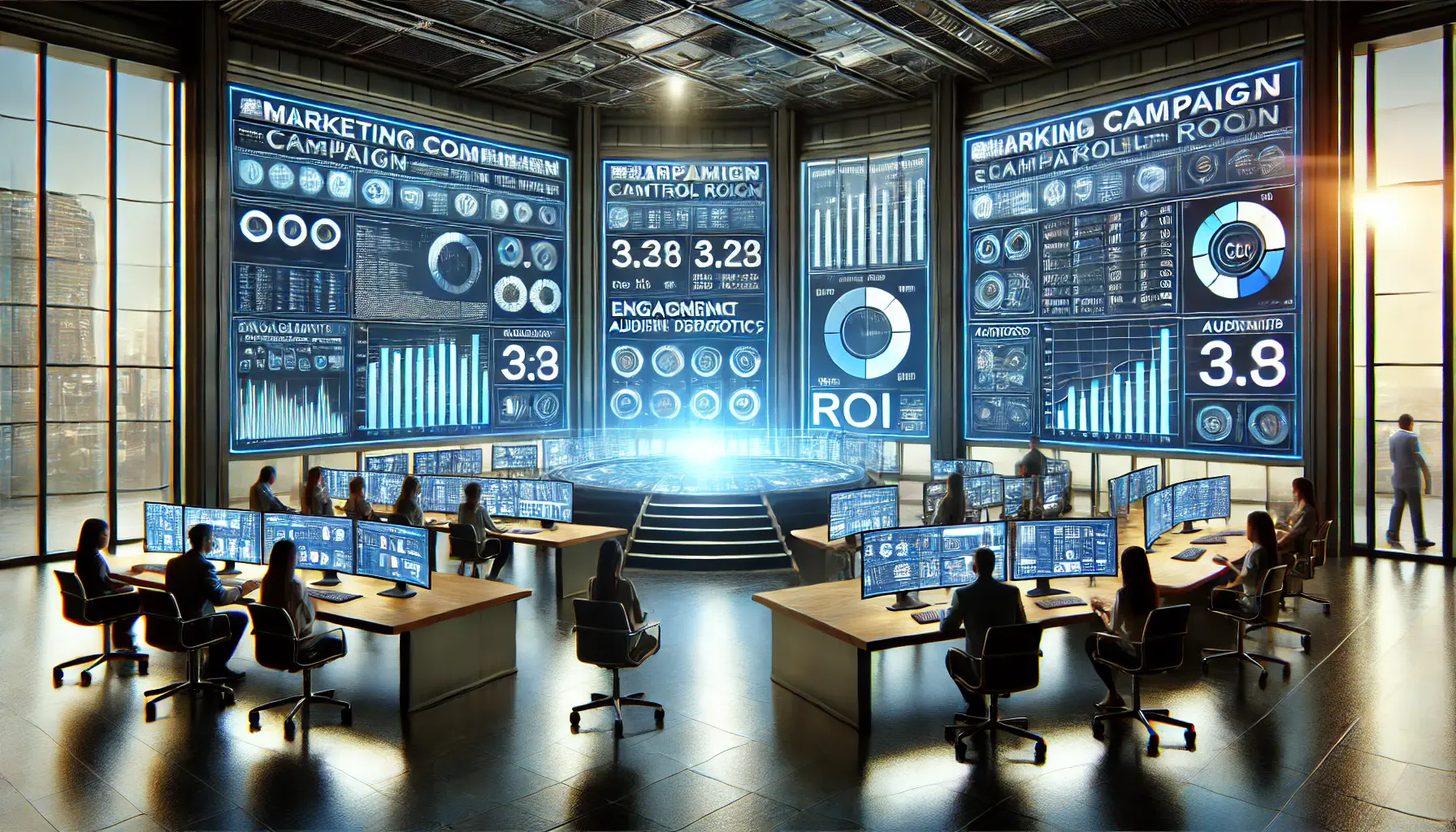 A high-tech marketing control room with professionals analyzing campaign performance on multiple interactive digital screens displaying engagement rates, audience demographics, and ROI tracking.