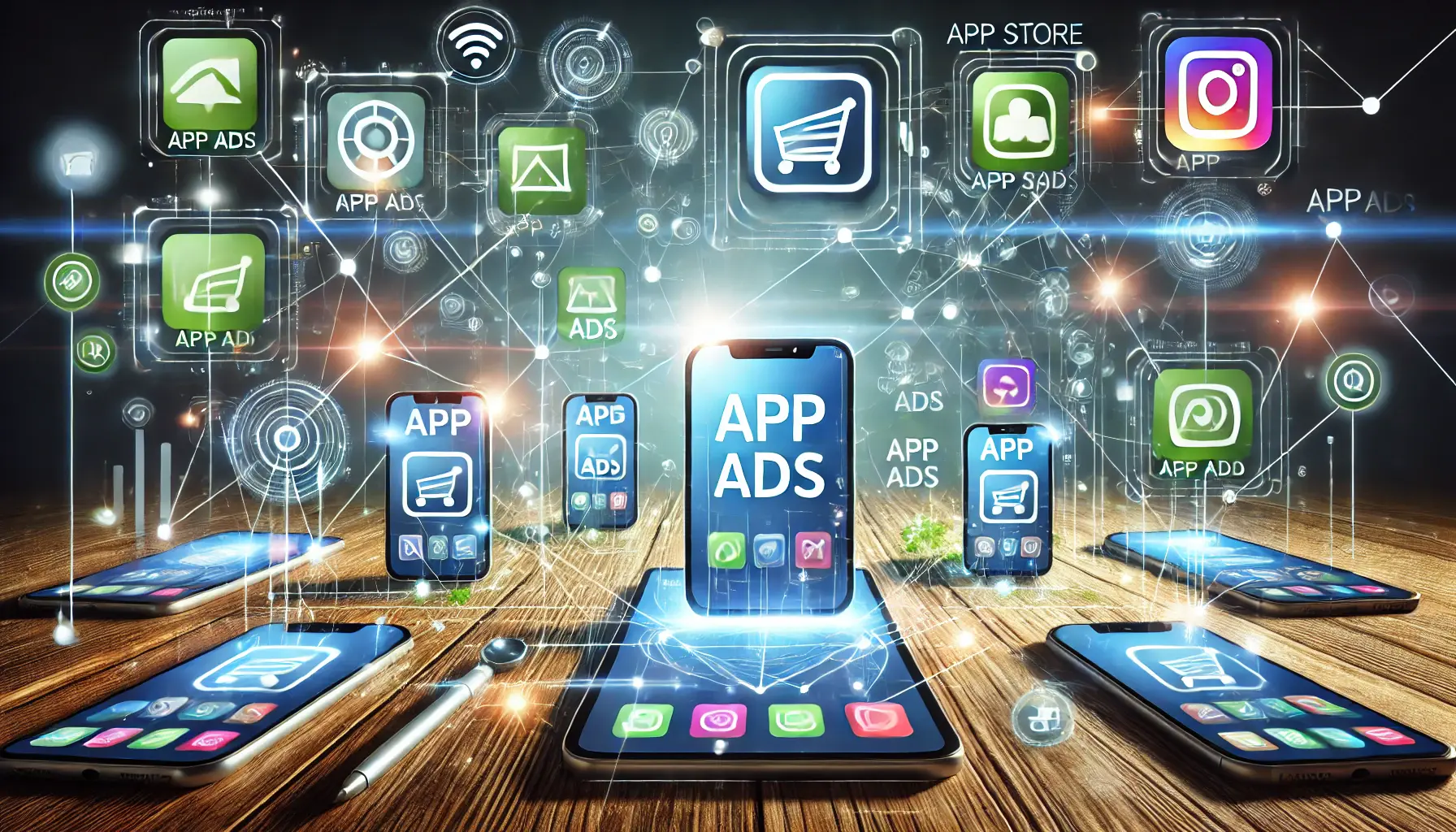 A digital marketing scene with mobile devices showing app ads, a network of connected lines, and app store icons, illustrating the role of app ads in marketing.