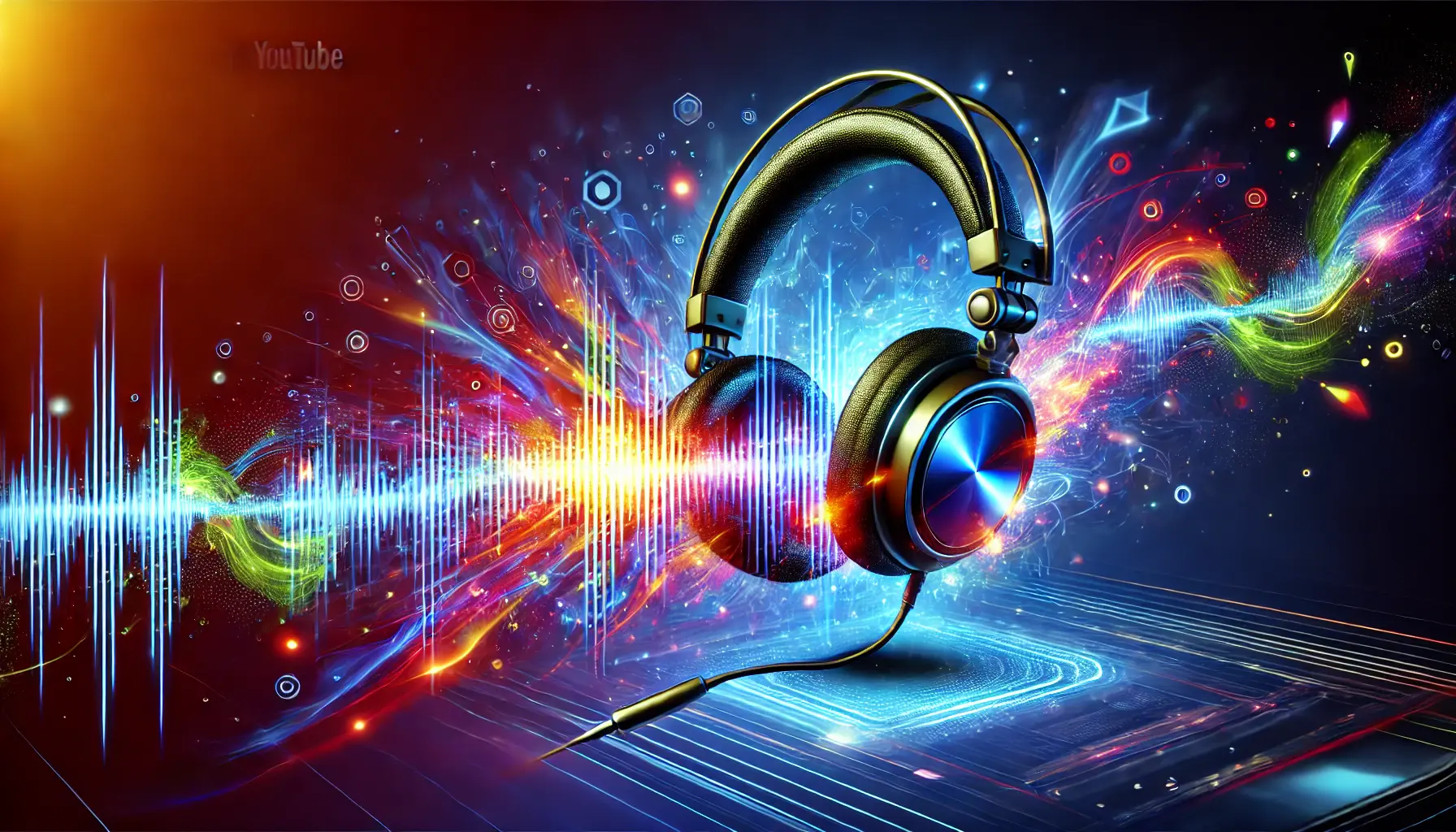 Dynamic image featuring headphones emitting sound waves and colorful shapes, symbolizing audio's role in capturing attention.