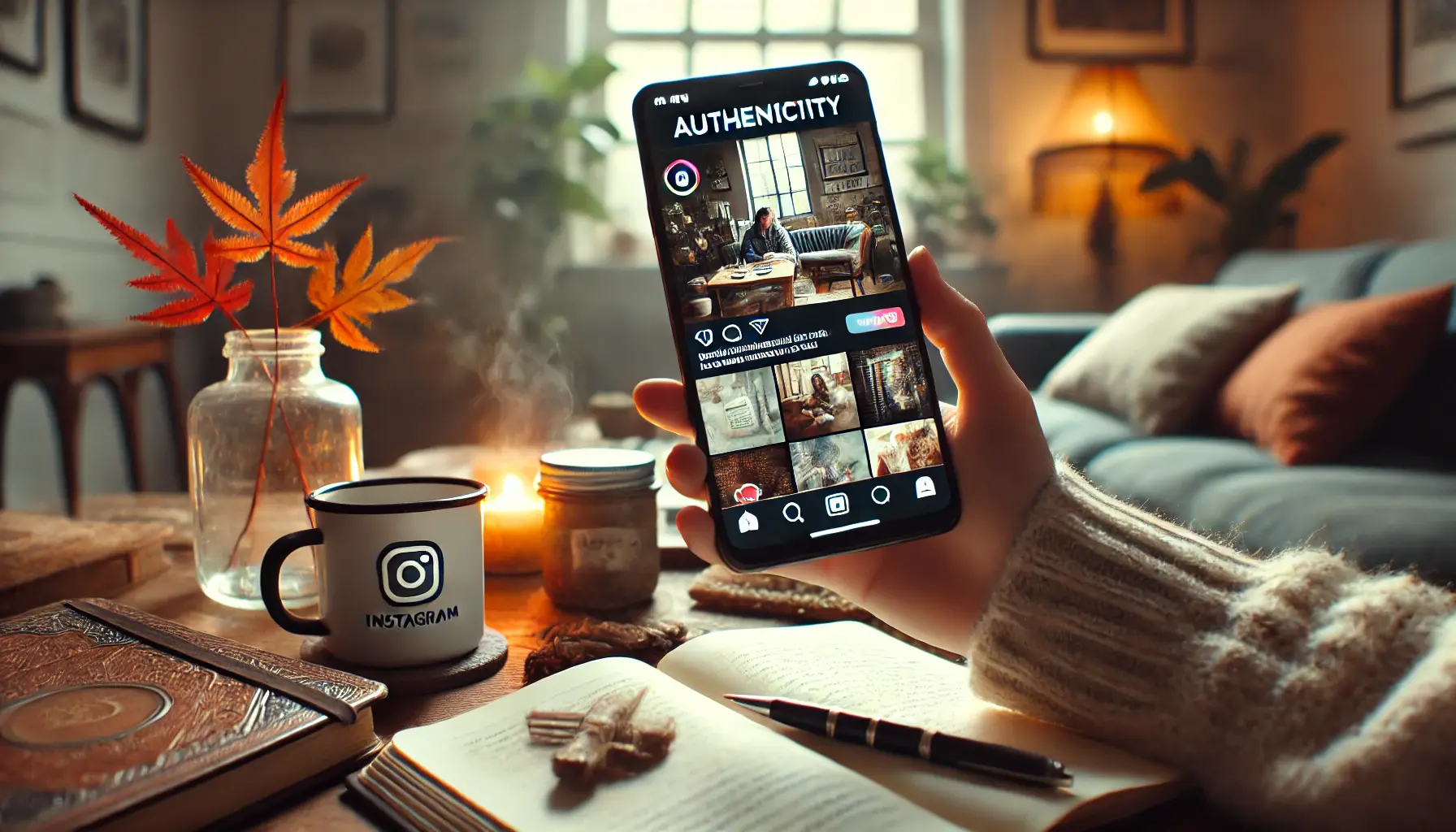 A cozy setting featuring a smartphone displaying an Instagram post, surrounded by a cup of coffee, a notebook, and personal items, symbolizing authenticity in content creation.