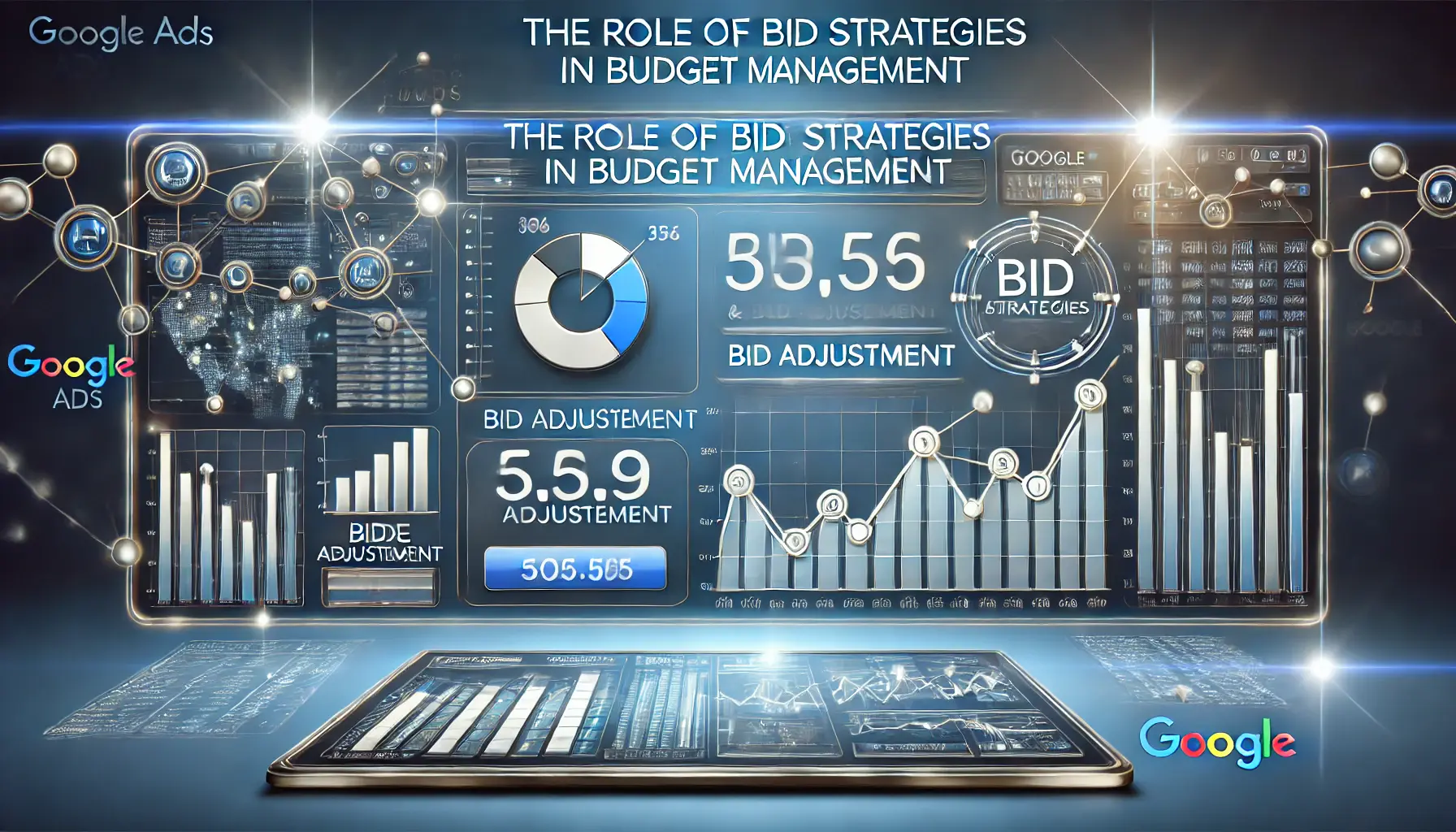 Digital dashboard with graphs and bid adjustment sliders illustrating the role of bid strategies in budget management.