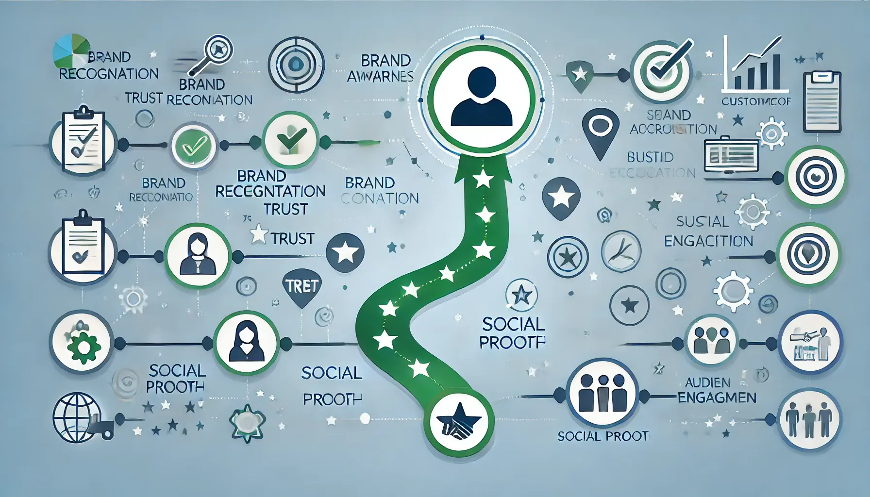 Pathway of connected icons leading to a central icon representing a satisfied customer, symbolizing brand awareness in customer acquisition.