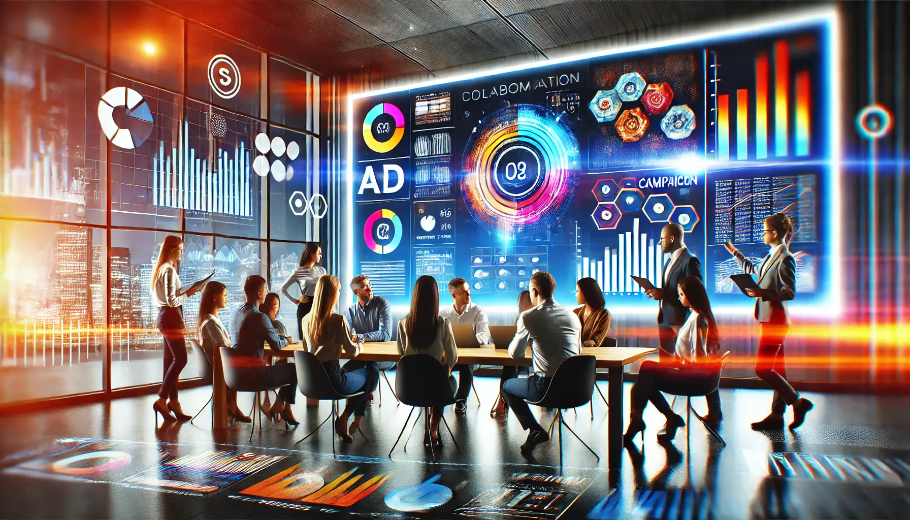 Diverse group of marketers collaborating in a modern office with a large digital display showing vibrant analytics and ad visuals.