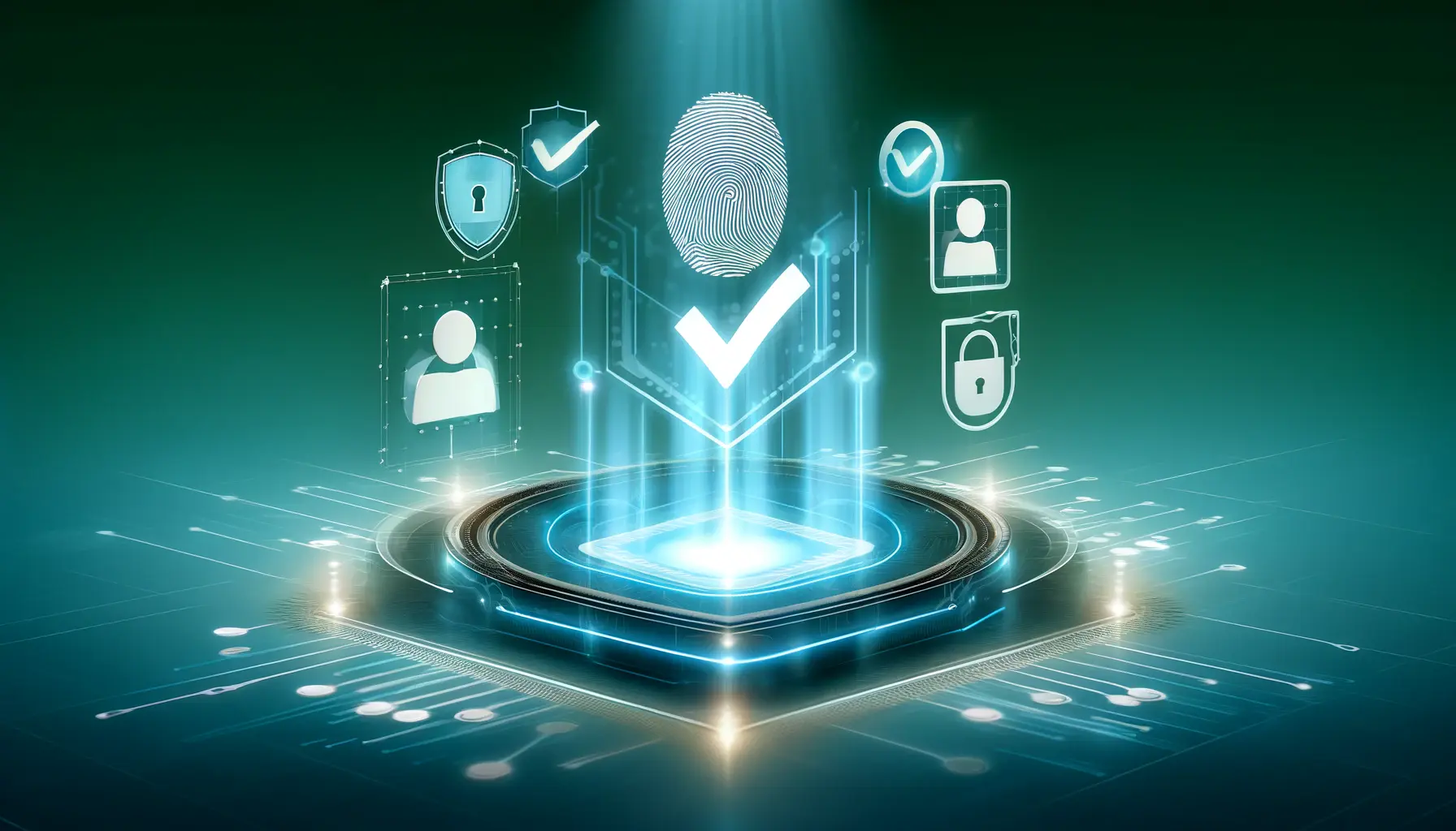 A glowing checkmark above a digital fingerprint and user icons, surrounded by padlocks and shields, symbolizing user consent and data security.