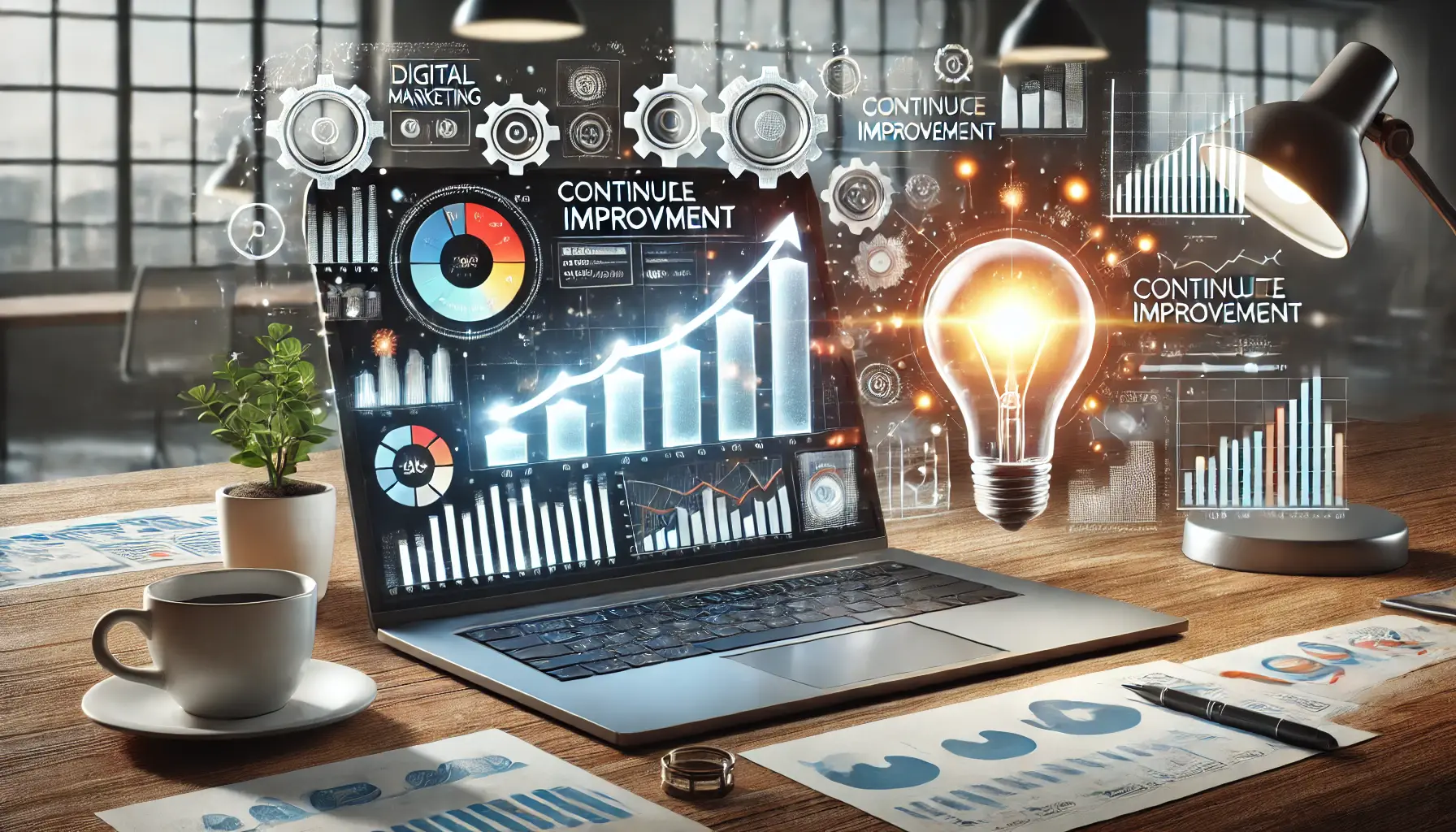 A realistic image of a laptop displaying a digital marketing dashboard with performance metrics and incremental improvements over time.