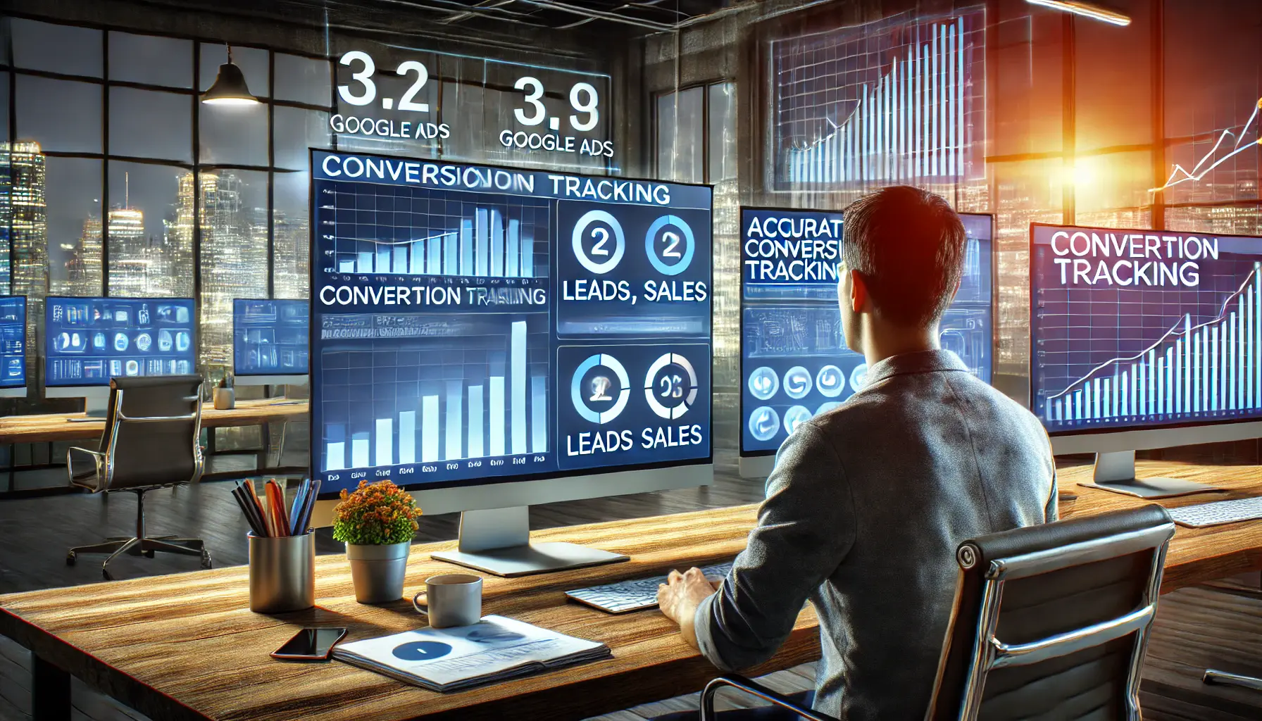 A digital marketing professional monitoring conversion tracking metrics such as leads, sales, and actions on multiple screens in a modern office environment.