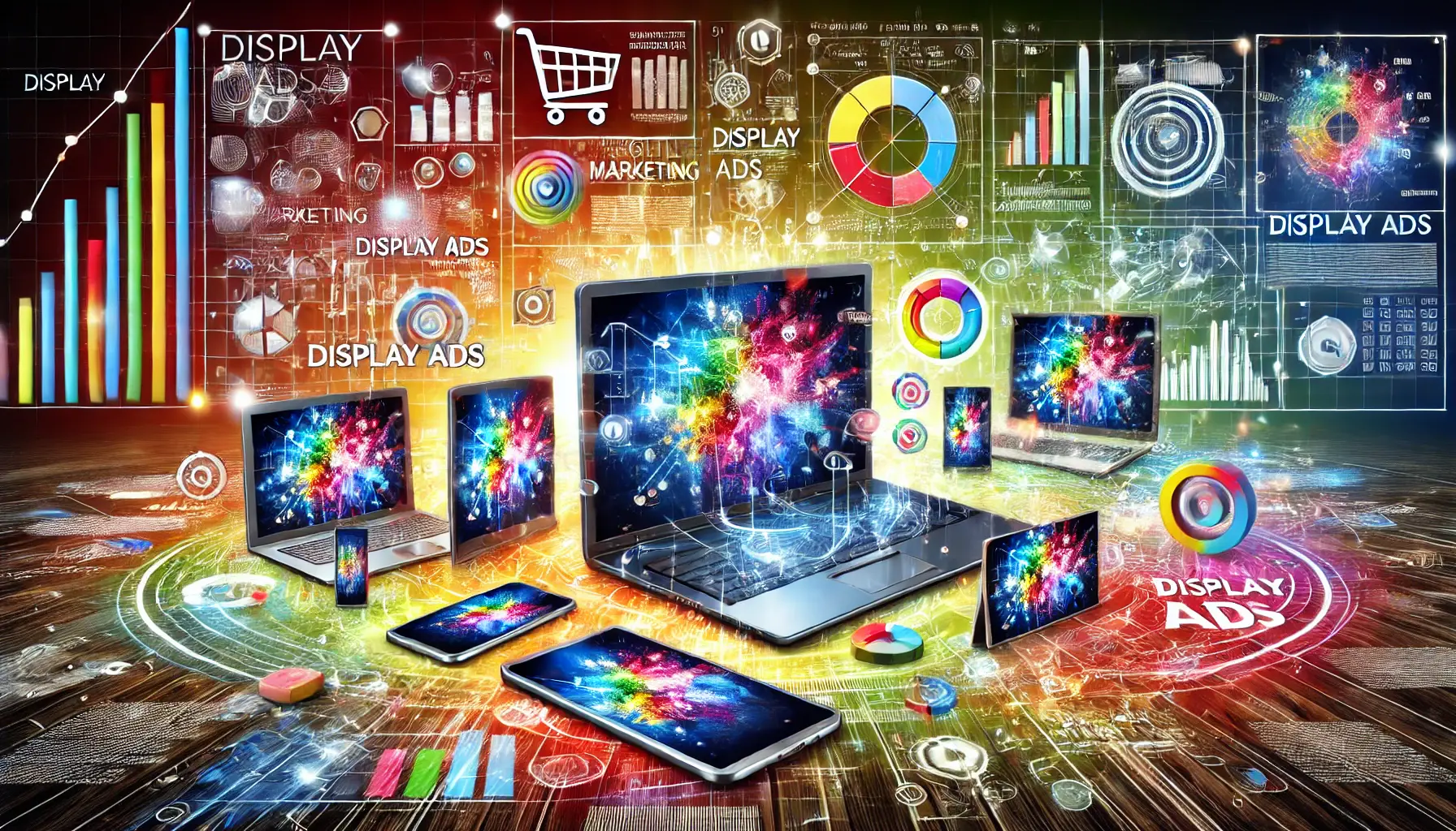 Illustration showing the role of Display Ads in digital marketing with devices displaying colorful ads.