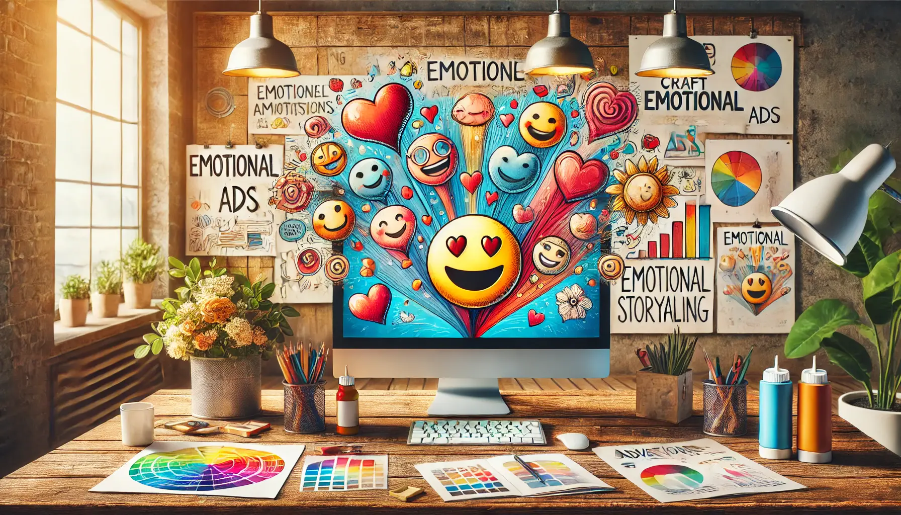 A workspace featuring a computer screen with a vibrant ad campaign design, surrounded by sketches of emotional symbols like hearts and smiles, alongside mood boards and color palettes.