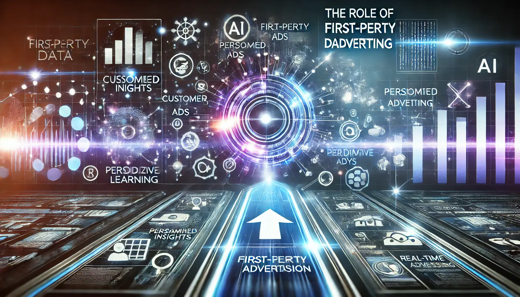 An illustration depicting the role of first-party data in future advertising, featuring a digital marketing interface with glowing data streams and predictive analytics.