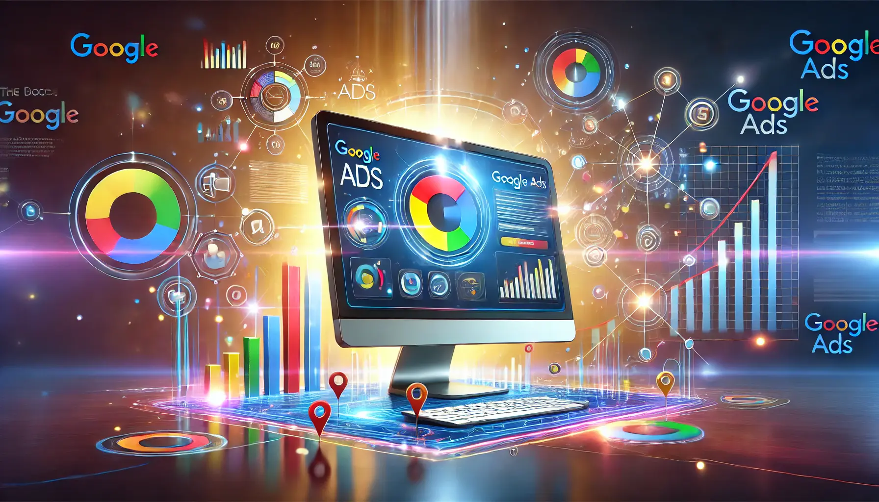 A digital marketing concept featuring a computer screen with Google Ads interface elements, surrounded by icons for audience targeting, analytics, and brand growth, symbolizing global reach.