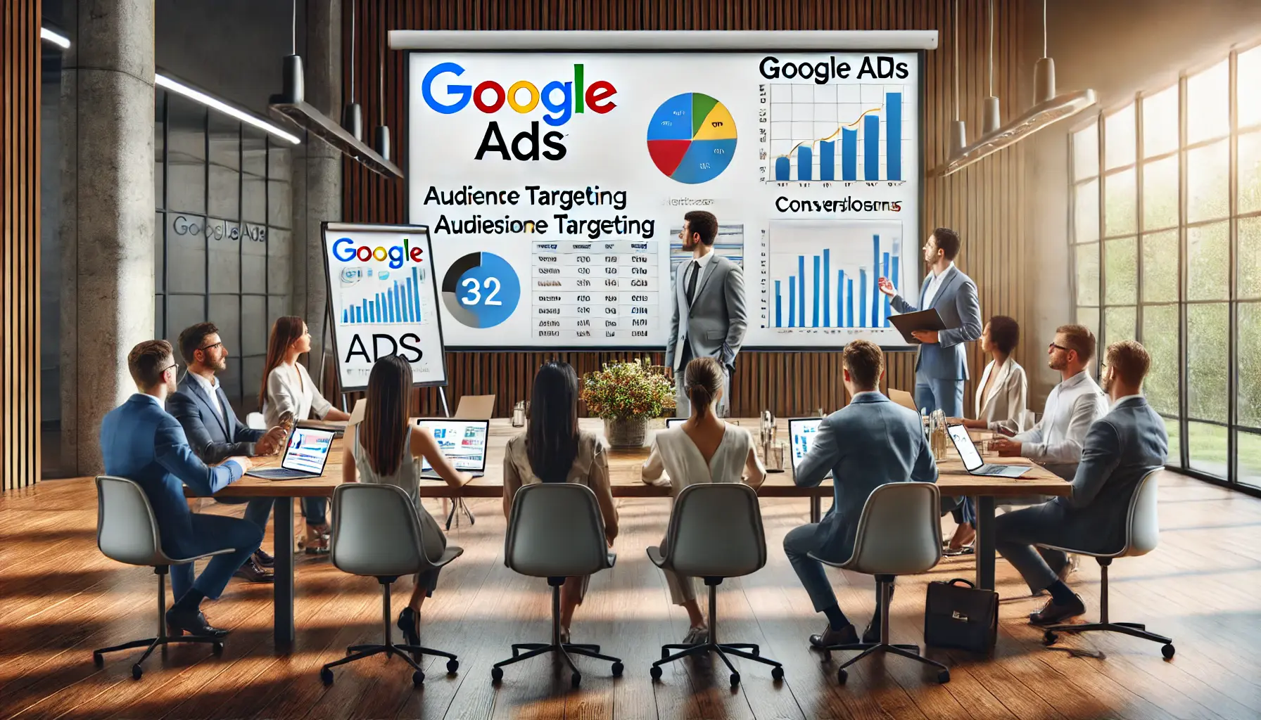 A team of marketing professionals collaborating in a conference room, analyzing a screen with Google Ads metrics and discussing digital marketing strategies.