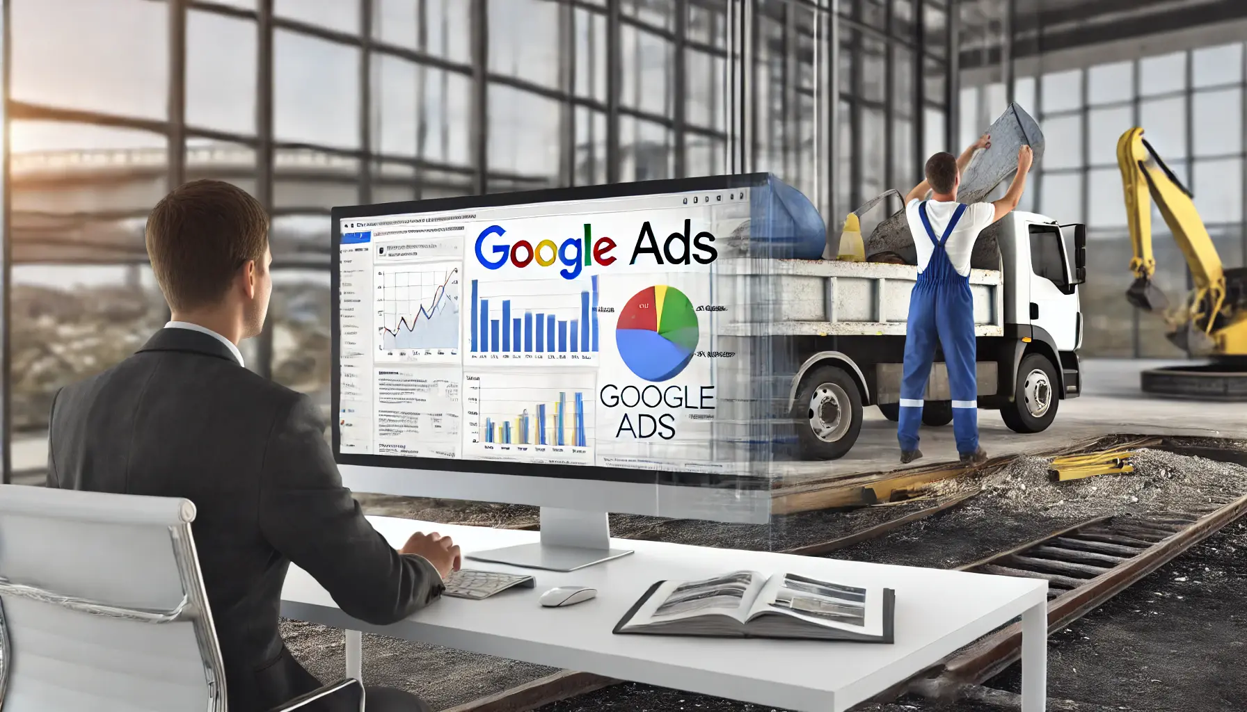 A construction manager analyzing Google Ads campaign metrics on a screen with a construction site visible in the background, symbolizing modern marketing strategies.