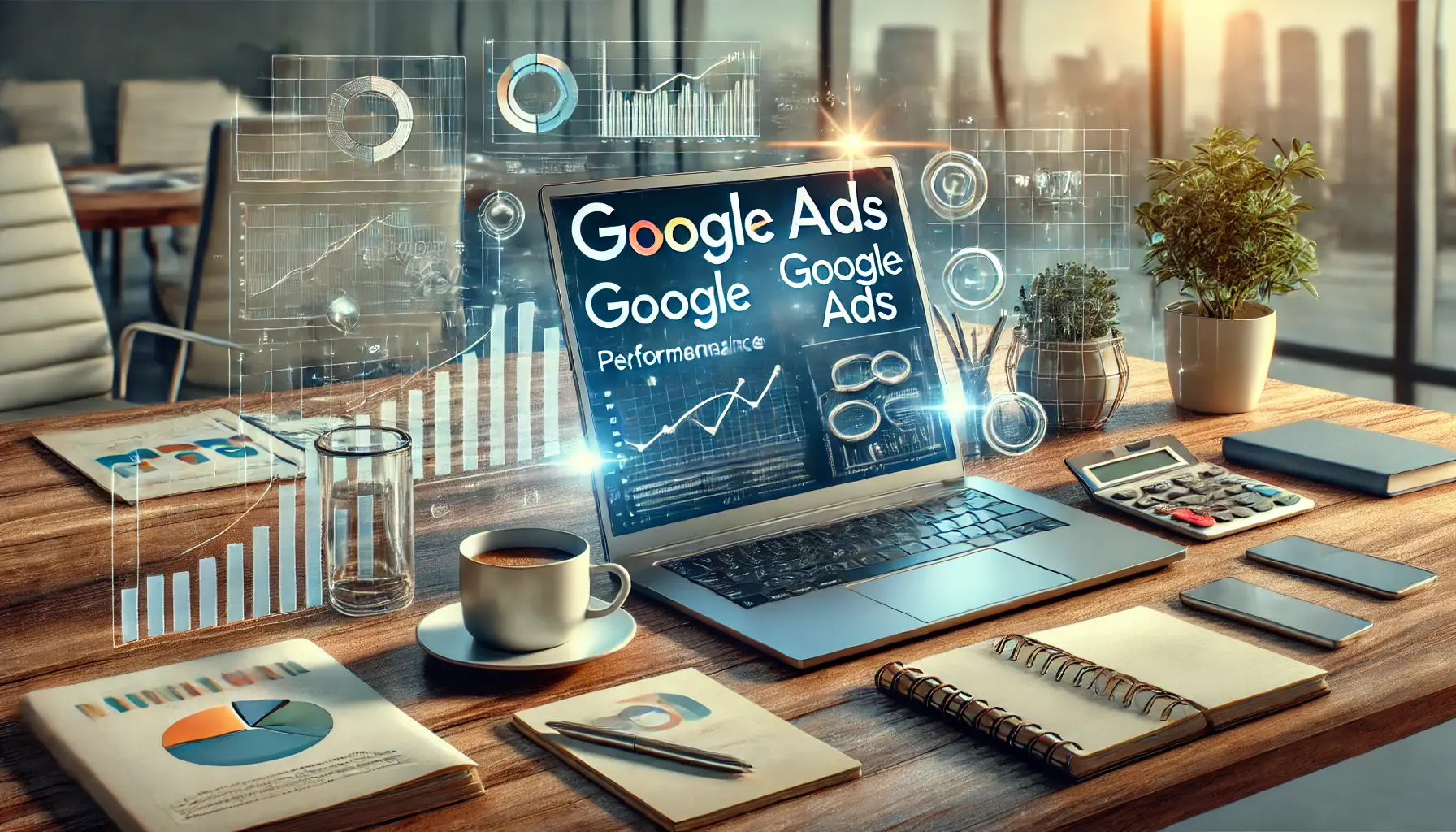 A digital marketing workspace with Google Ads analytics, symbolizing startup growth through online advertising.