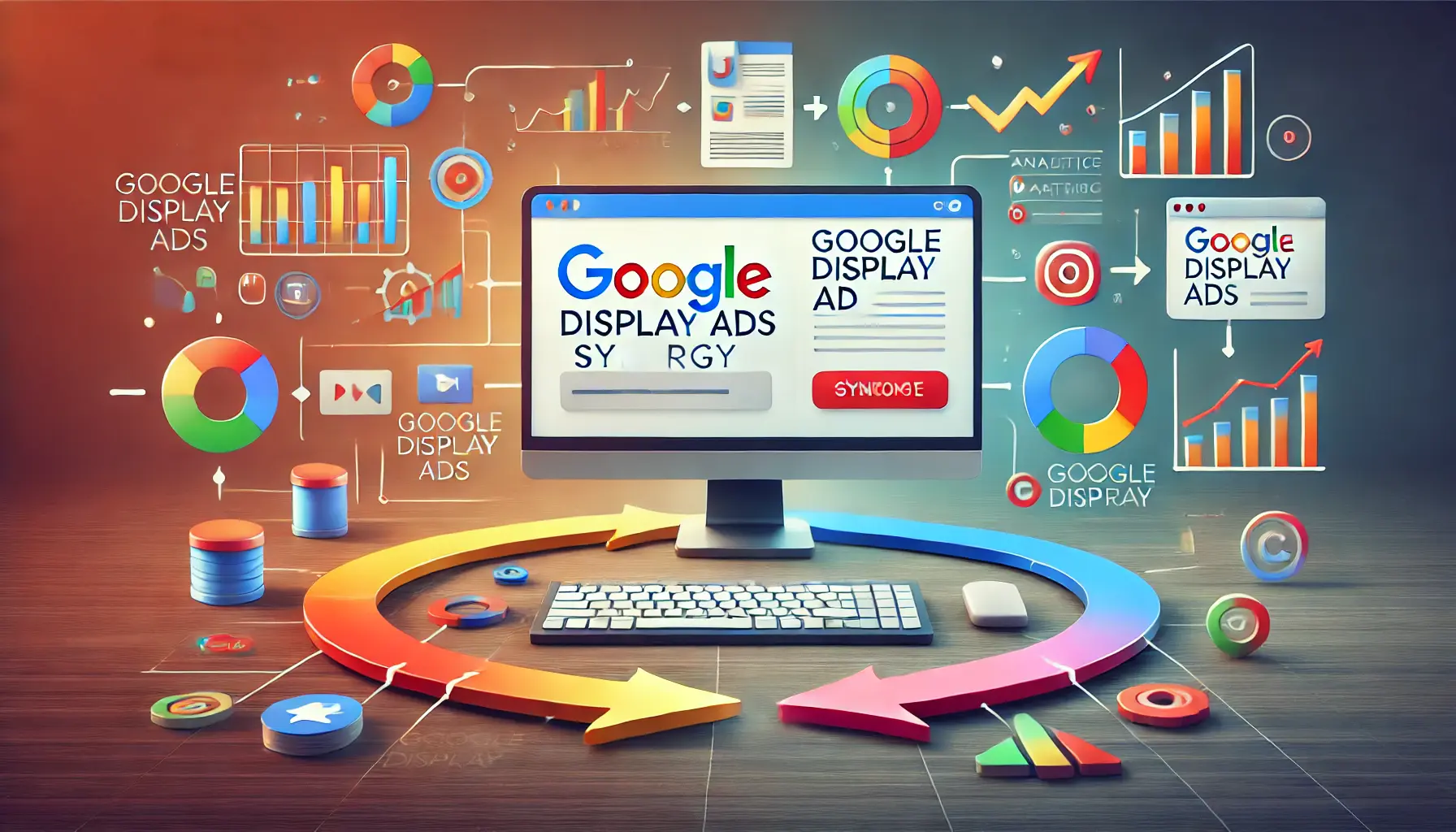 A digital marketing representation showing a Google Display Ad surrounded by web icons, analytics graphs, and arrows symbolizing integration and synergy.