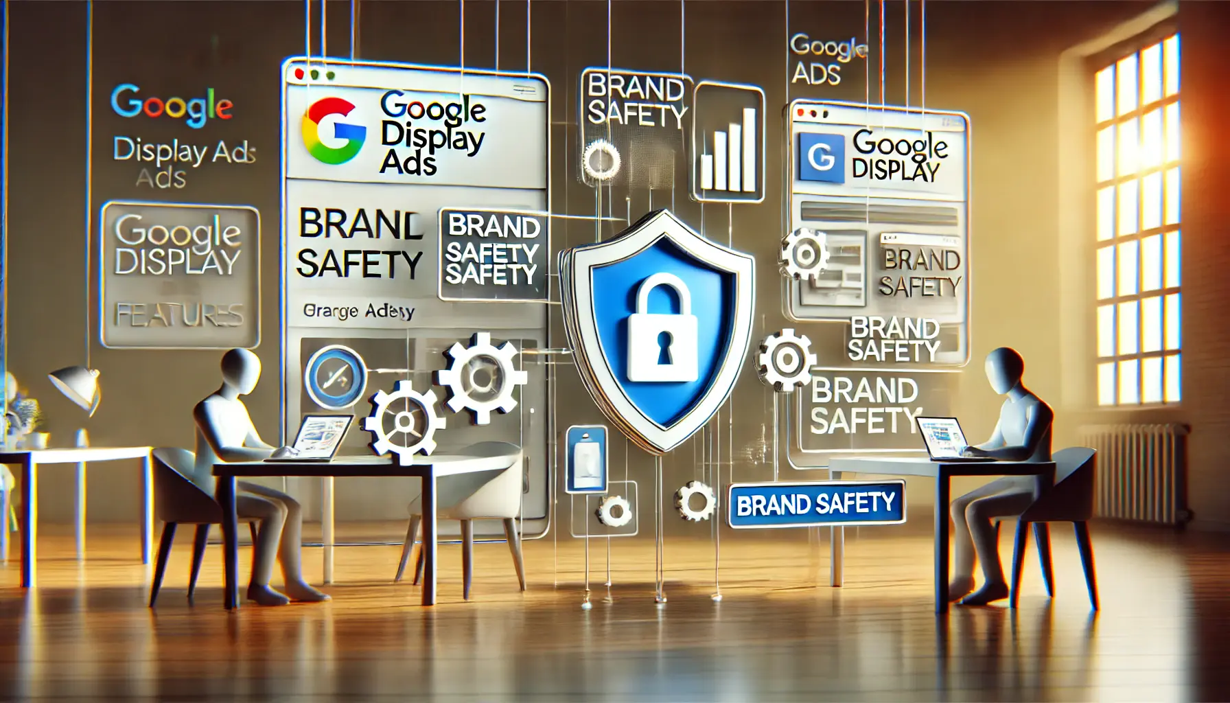 An image illustrating Google Display Ads with elements like a shield symbolizing brand safety features and digital tools for ad placement control.