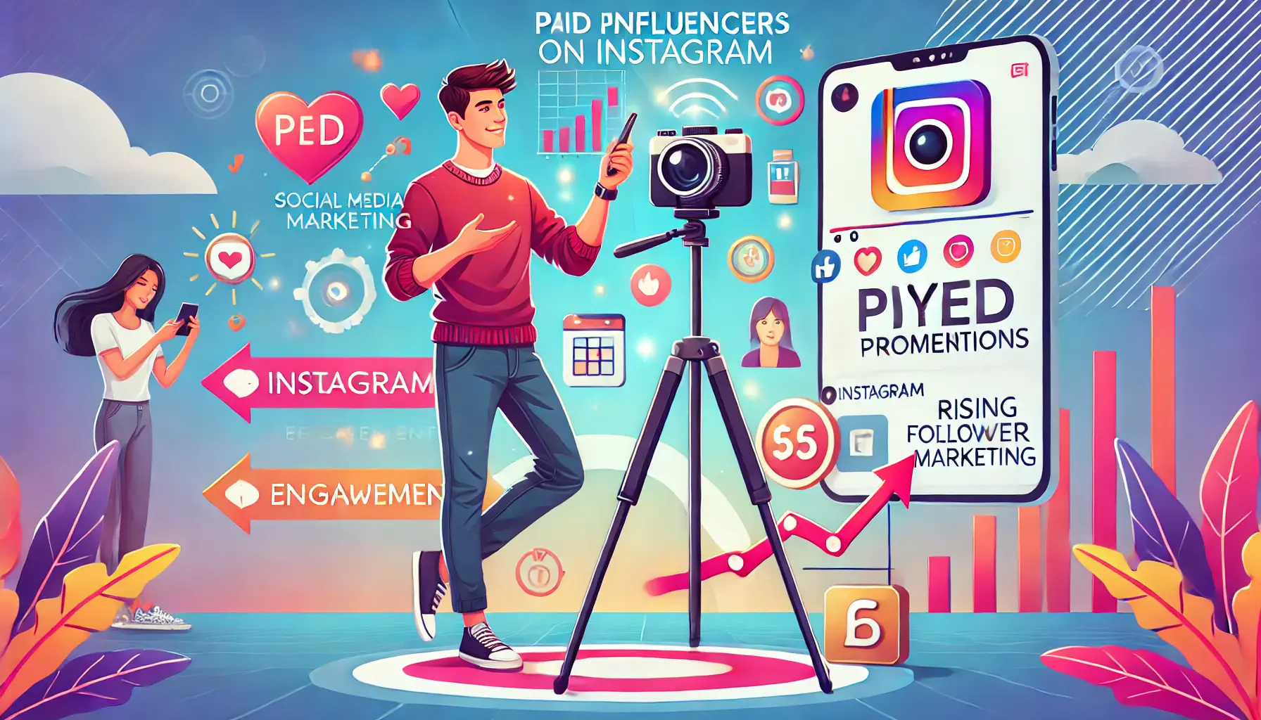 Illustration of an influencer recording content with a smartphone on a tripod, showcasing a product, surrounded by hearts, engagement bubbles, and rising follower count icons.