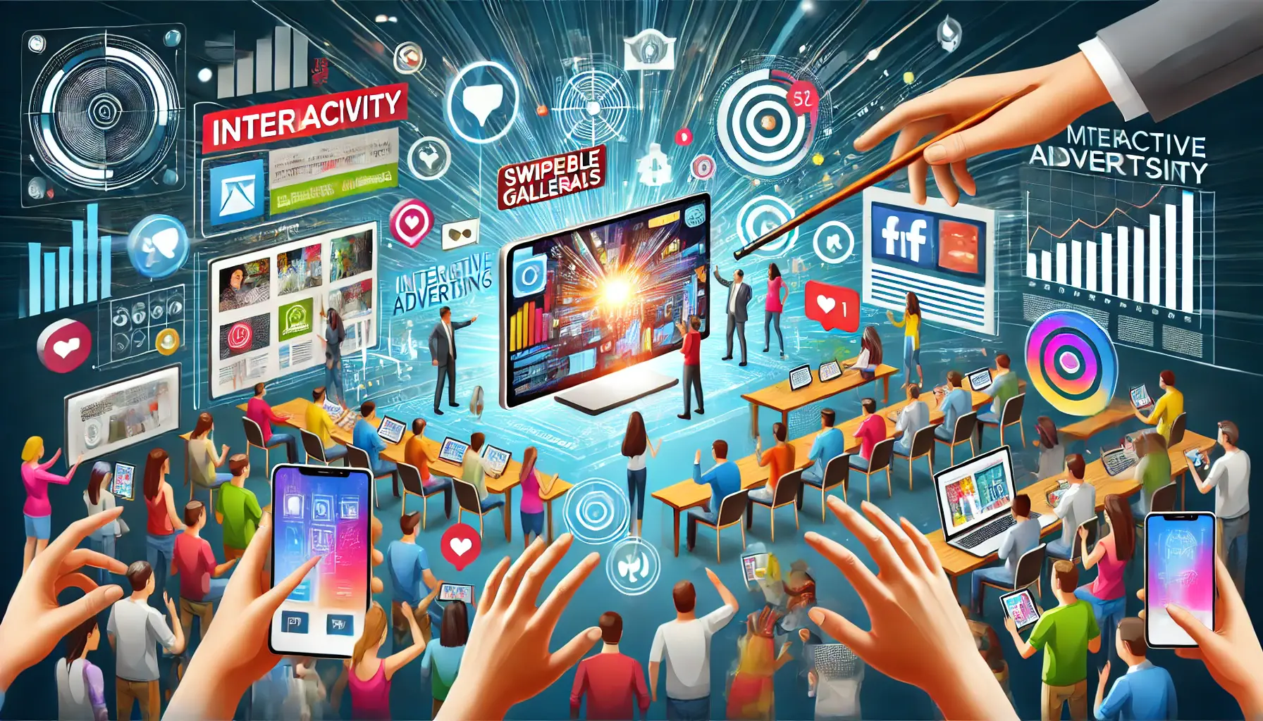 An illustration of users engaging with interactive advertising on digital screens, featuring elements like augmented reality displays, swipeable galleries, and clickable buttons, showcasing innovation in modern marketing.