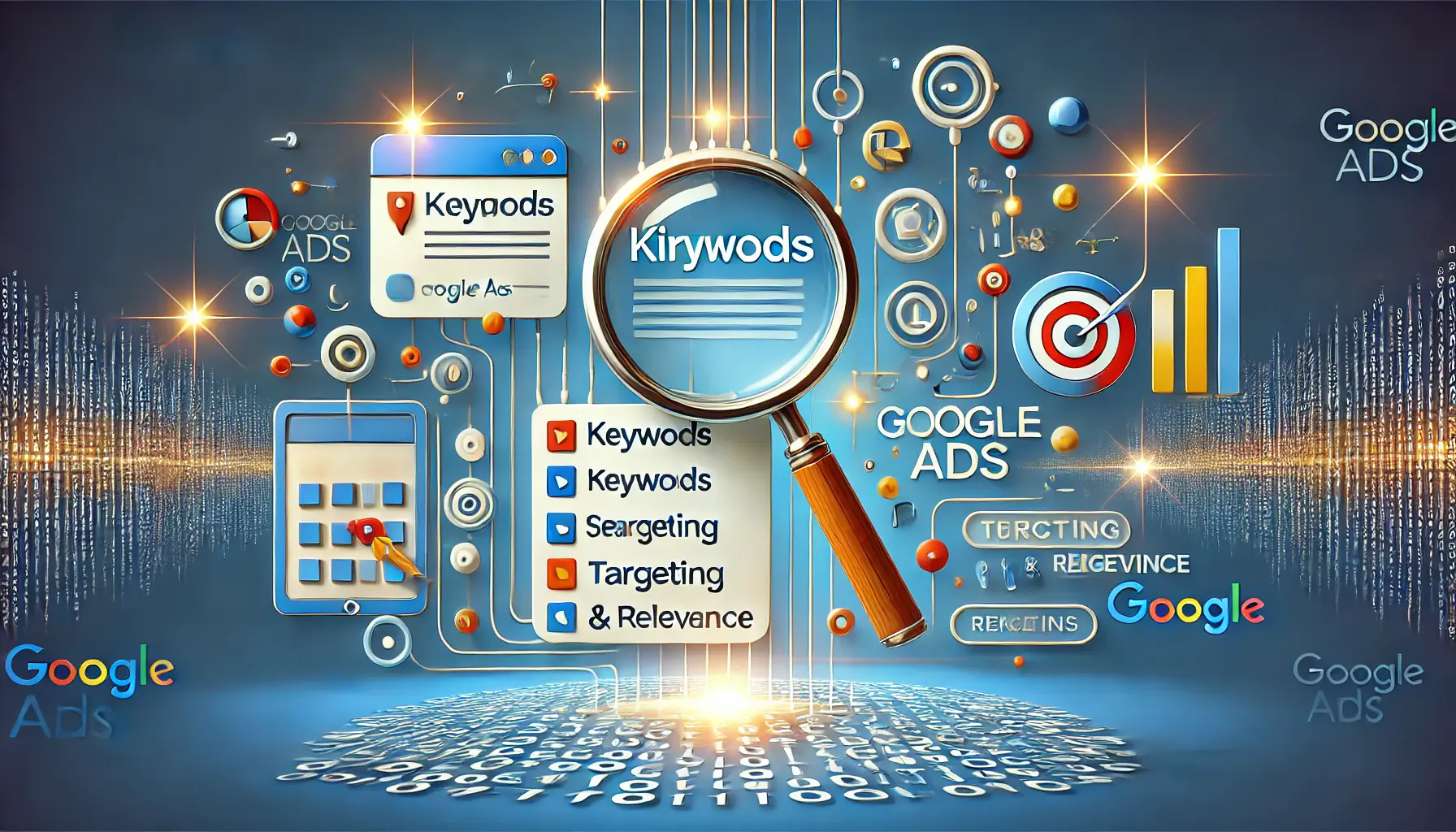 An illustration highlighting the role of keywords in Google Ads, featuring a magnifying glass over keywords and digital targeting connections.