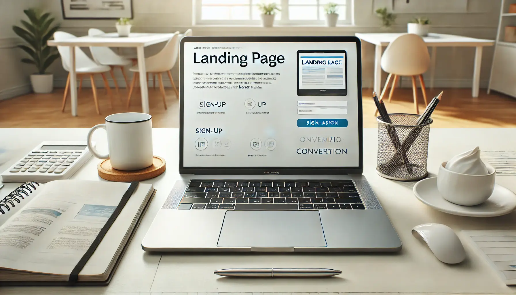 A laptop displaying a well-designed landing page with a clear call-to-action, surrounded by a coffee mug, notebook, and pen on a modern desk.