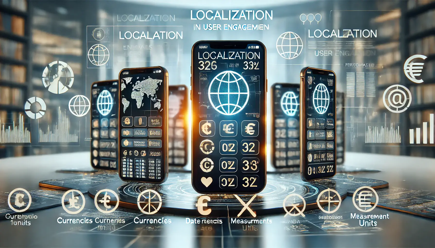 A digital concept showing mobile devices displaying localized app interfaces, with visual elements like different currencies, date formats, and measurement units to represent content customization for various regions.